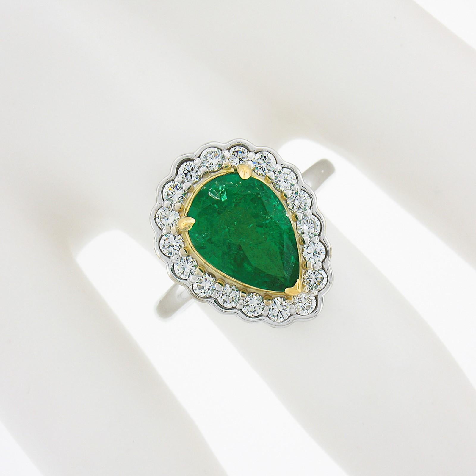 New 18k TT Gold SSEF Pear Emerald & Round Diamond Scalloped Halo Engagement Ring In New Condition For Sale In Montclair, NJ