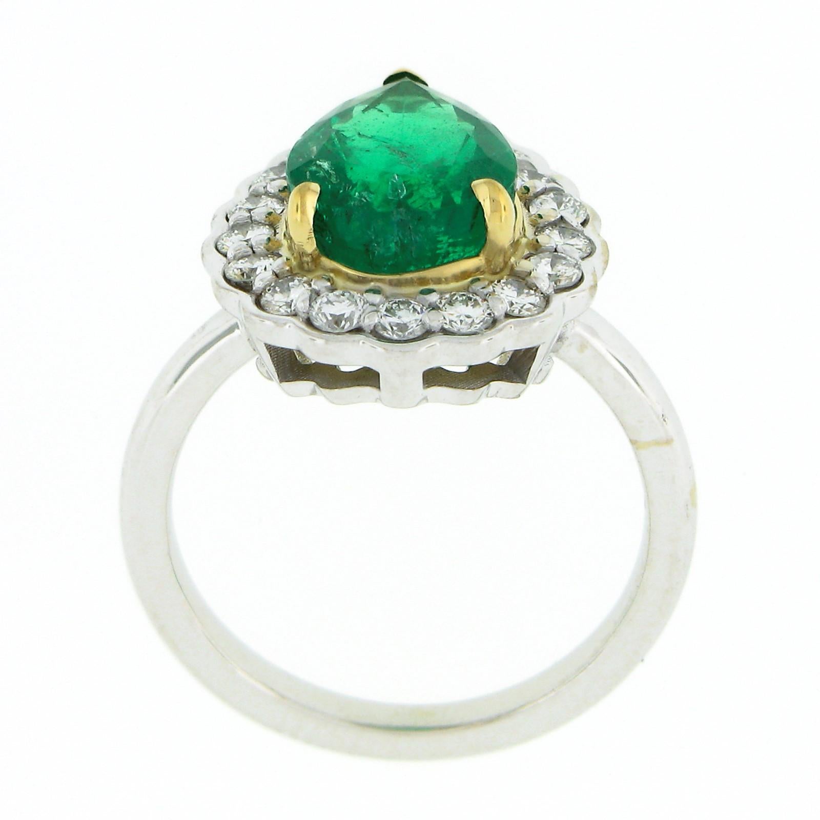 New 18k TT Gold SSEF Pear Emerald & Round Diamond Scalloped Halo Engagement Ring For Sale 3