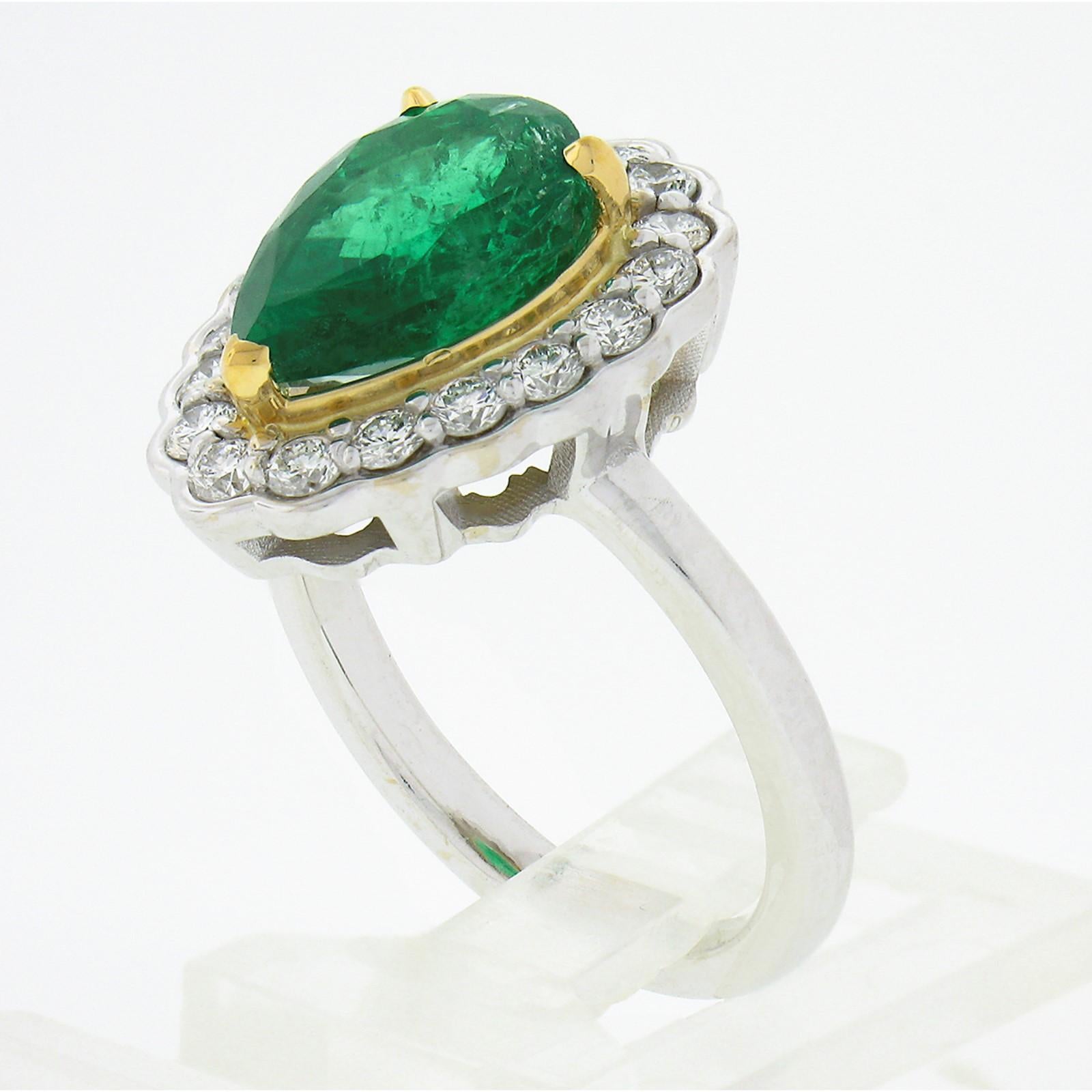 New 18k TT Gold SSEF Pear Emerald & Round Diamond Scalloped Halo Engagement Ring For Sale 4