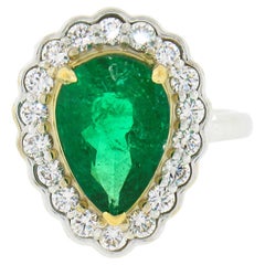 New 18k TT Gold SSEF Pear Emerald & Round Diamond Scalloped Halo Engagement Ring