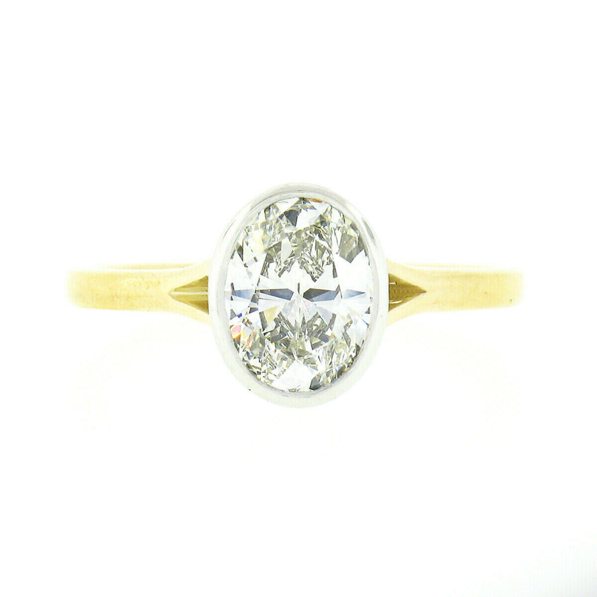 New 18k Two Tone Gold 1.20ct Bezel GIA Oval Diamond Solitaire Engagement Ring In New Condition In Montclair, NJ