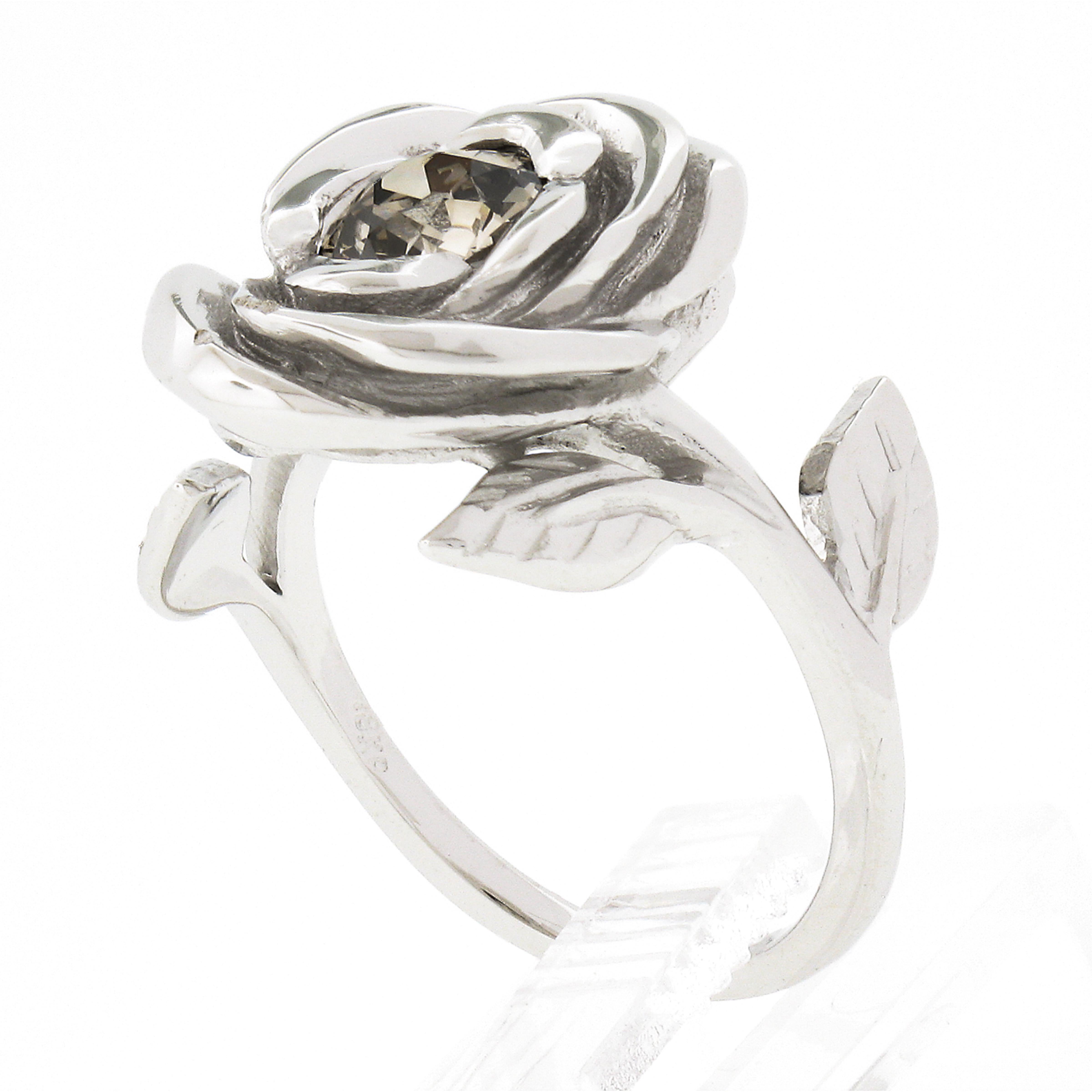 New 18k White Gold 0.73ctw GIA Fancy Brown Old European Diamond Rose Flower Ring For Sale 2