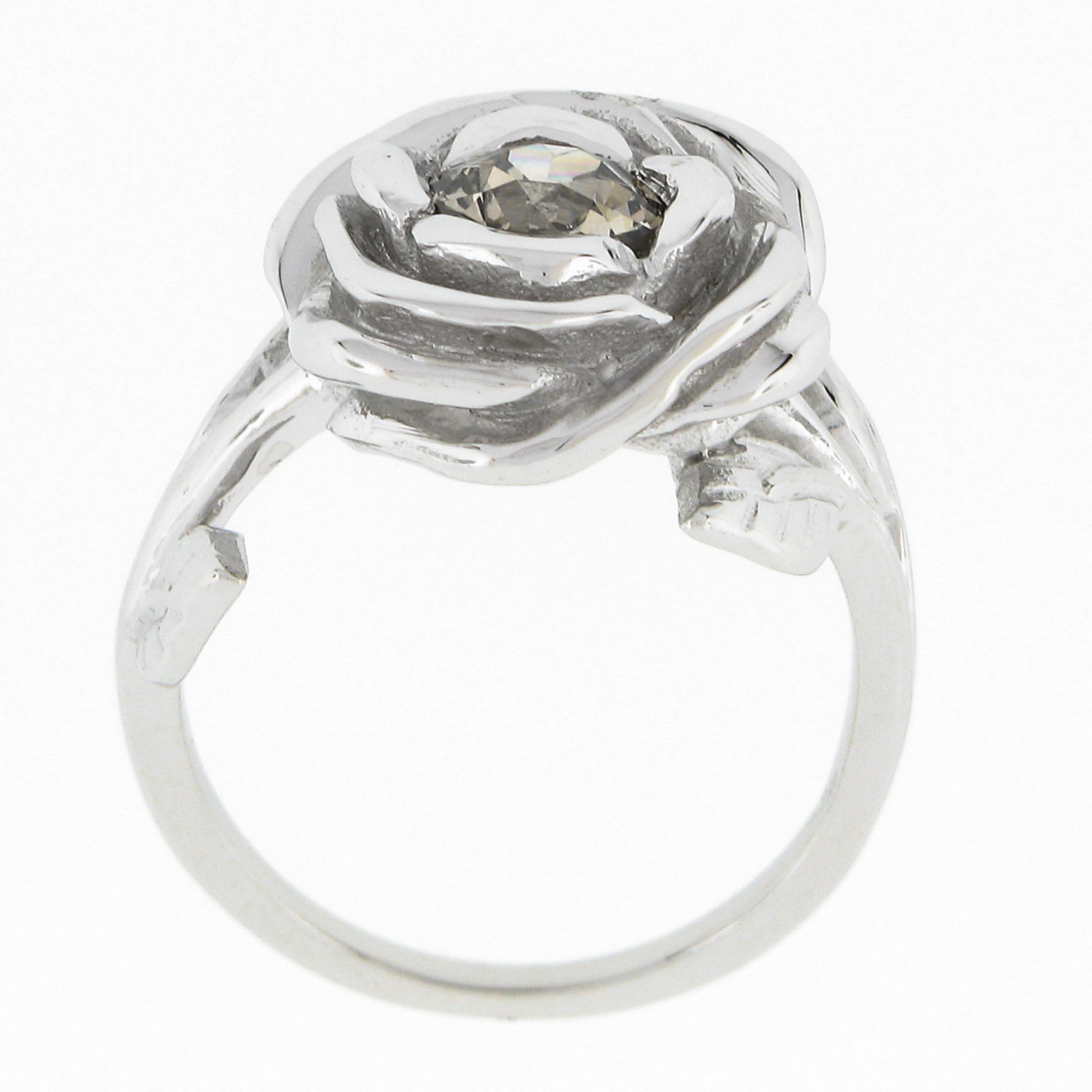 New 18k White Gold 0.73ctw GIA Fancy Brown Old European Diamond Rose Flower Ring For Sale 1