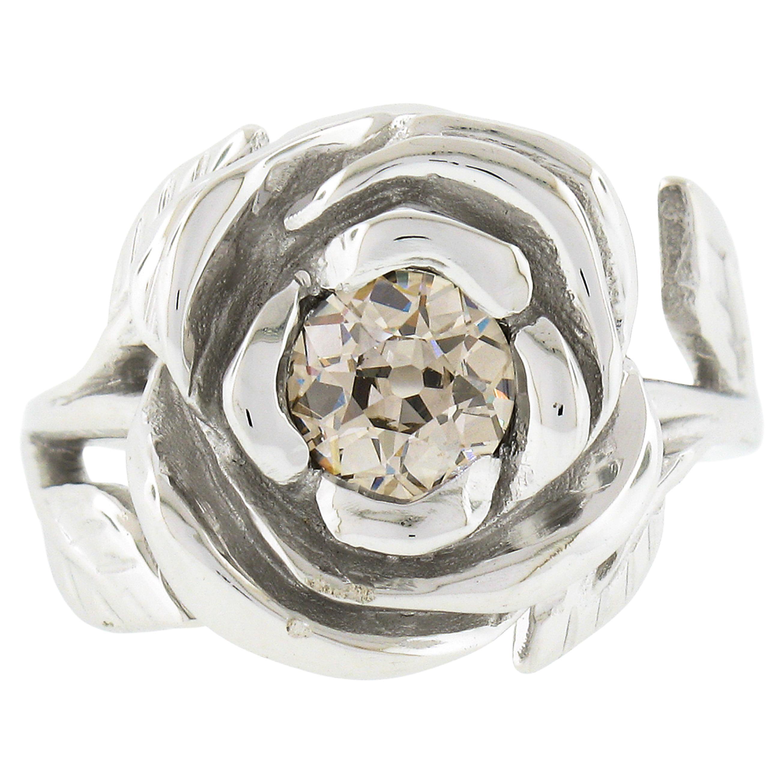 New 18k White Gold 0.73ctw GIA Fancy Brown Old European Diamond Rose Flower Ring