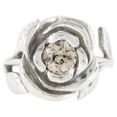 New 18k White Gold 0.73ctw GIA Fancy Brown Old European Diamond Rose Flower Ring