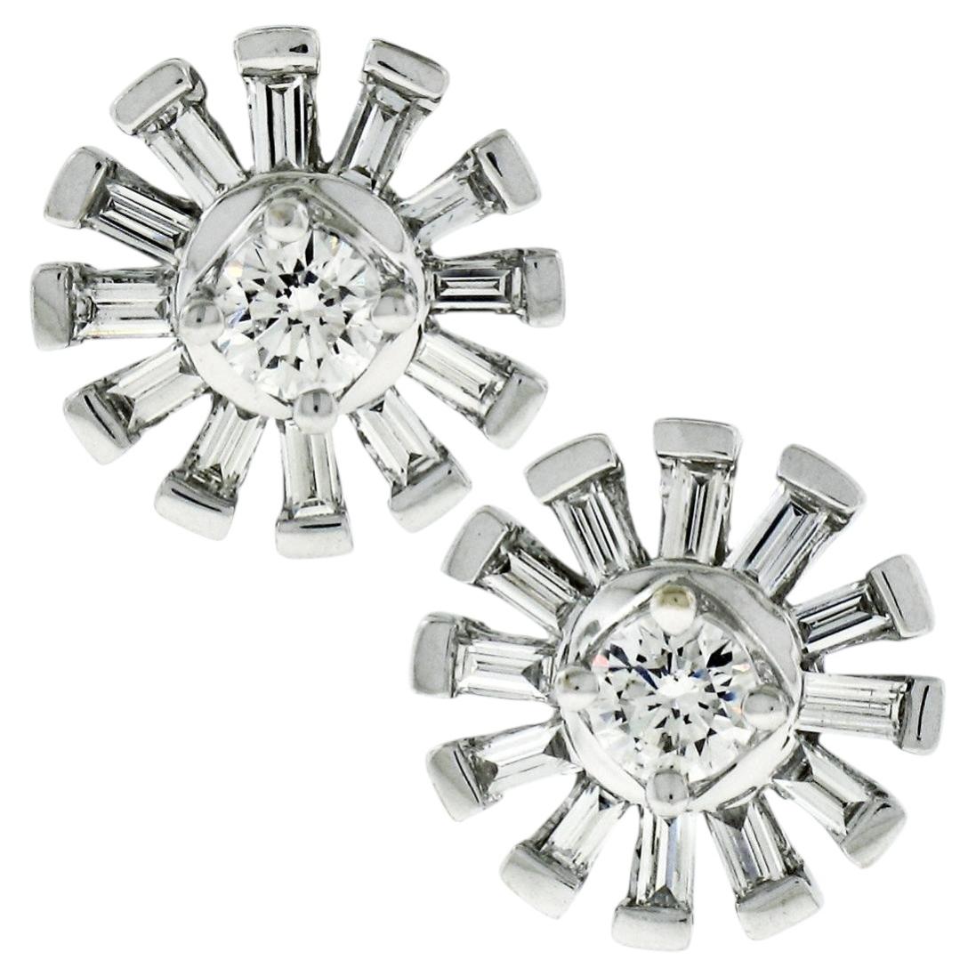 New 18k White Gold 0.89ctw Round & Baguette Snowflake Post Stud Earrings