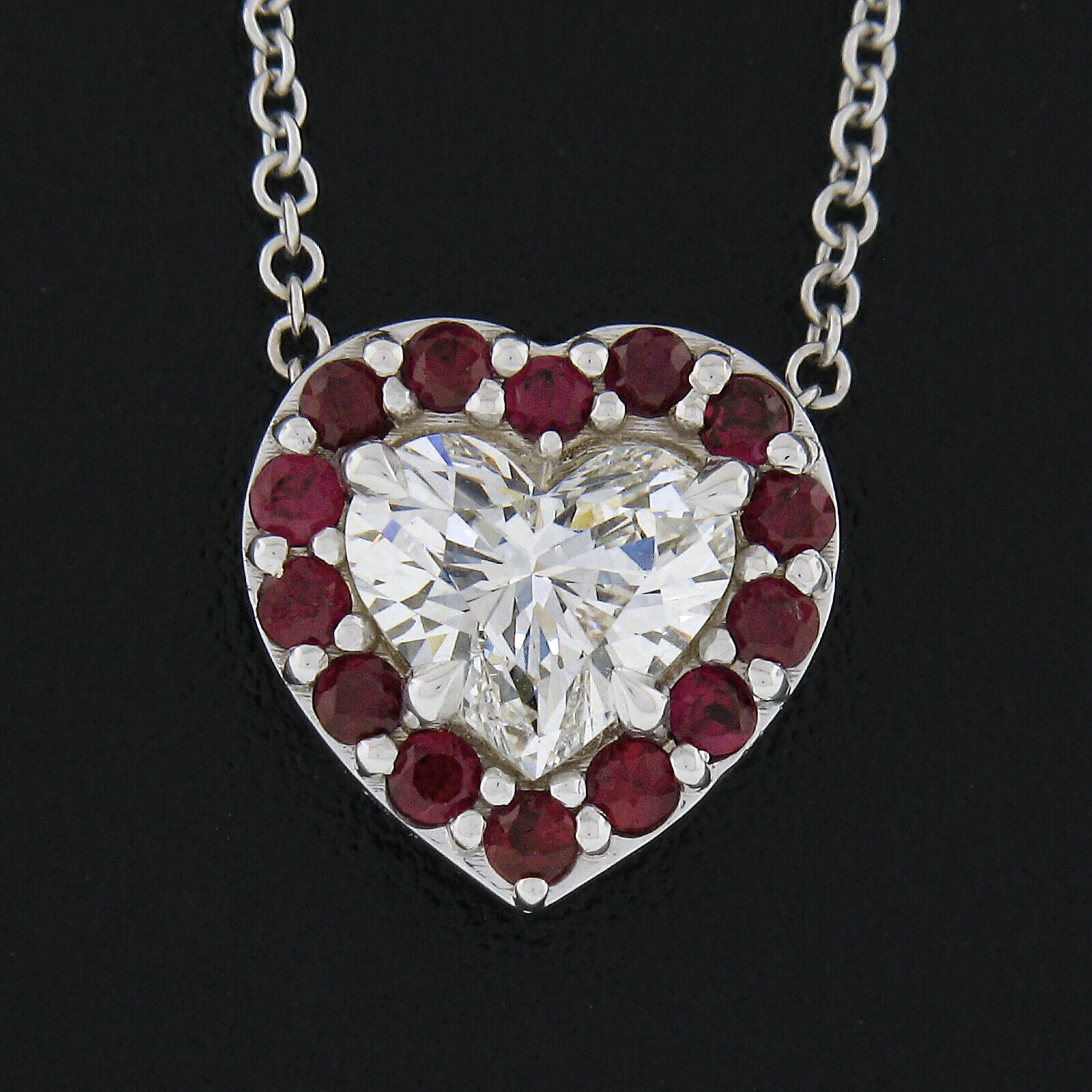 Heart Cut New 18K White Gold 1.09ctw GIA Heart Diamond W/ Ruby Halo Pendant Chain Necklace