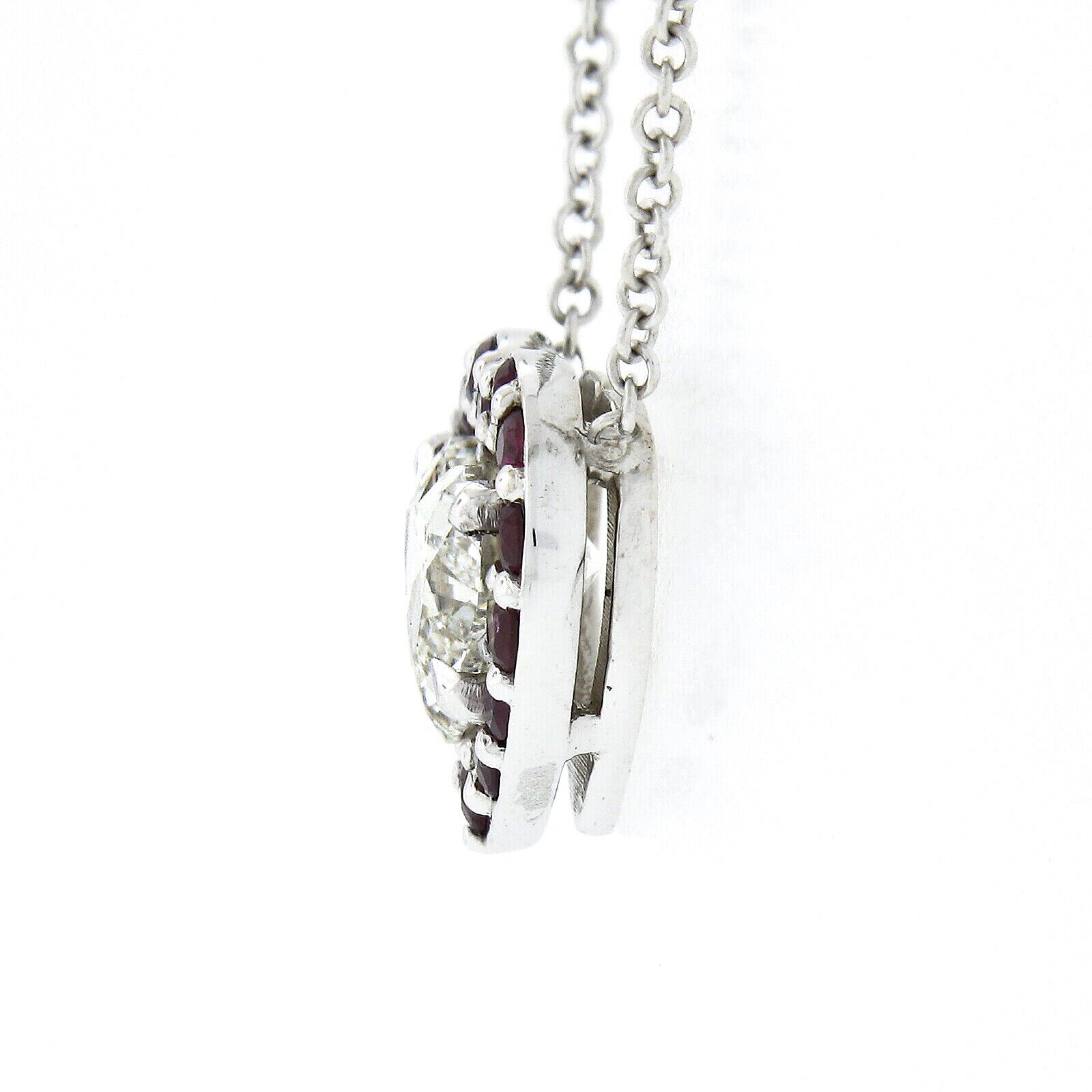 Women's New 18K White Gold 1.09ctw GIA Heart Diamond W/ Ruby Halo Pendant Chain Necklace