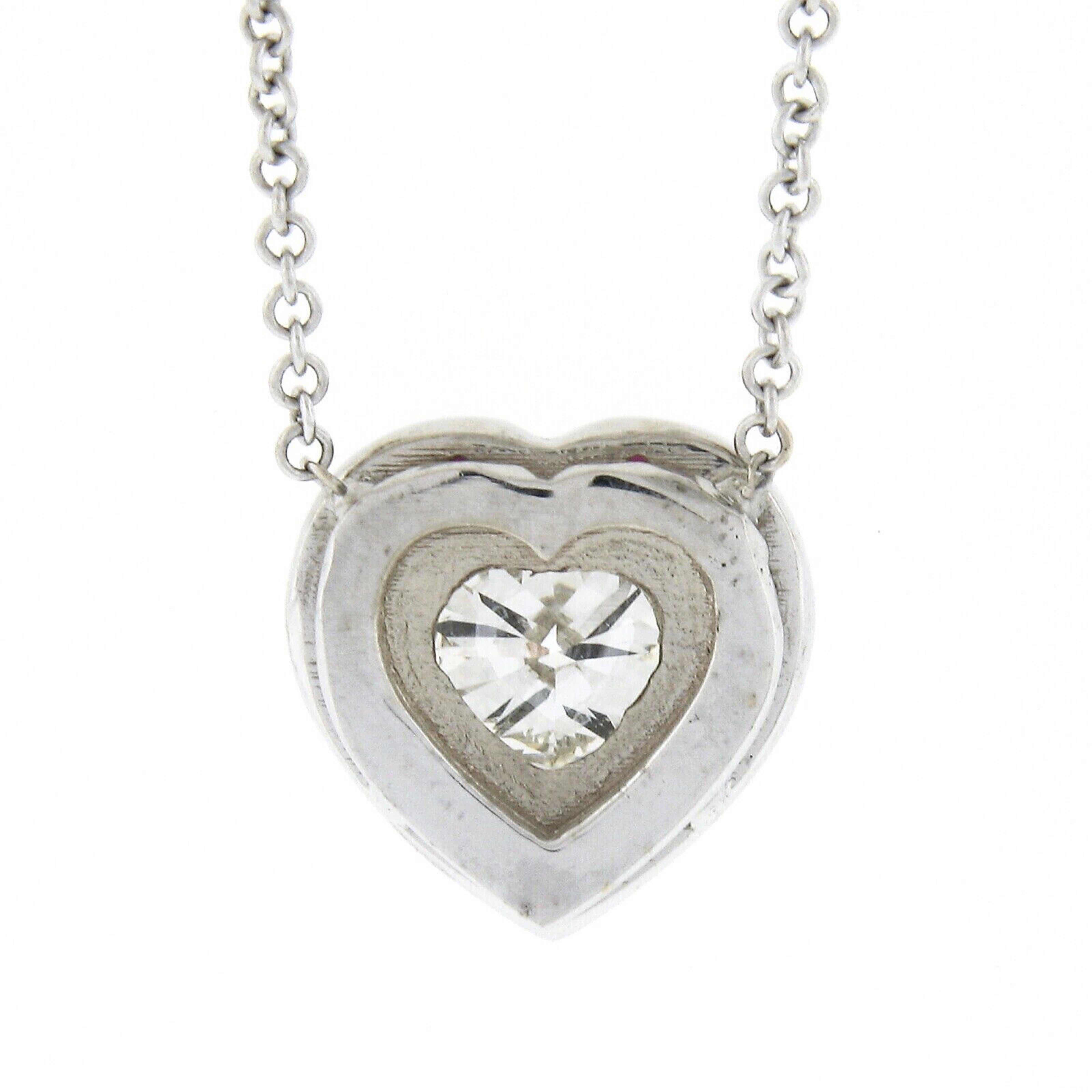 New 18K White Gold 1.09ctw GIA Heart Diamond W/ Ruby Halo Pendant Chain Necklace 1