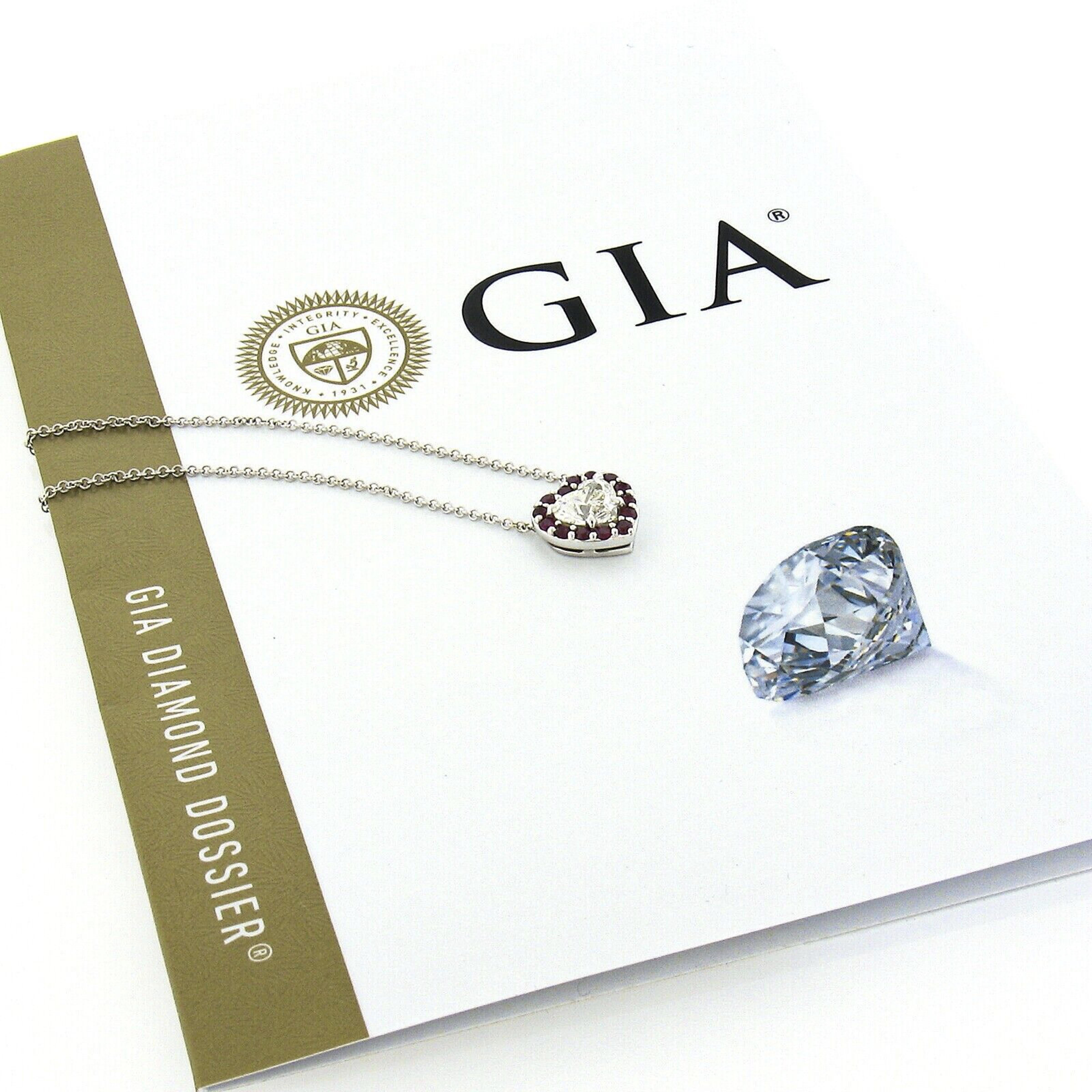 New 18K White Gold 1.09ctw GIA Heart Diamond W/ Ruby Halo Pendant Chain Necklace 3