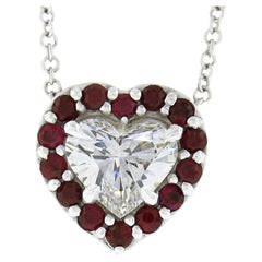 New 18K White Gold 1.09ctw GIA Heart Diamond W/ Ruby Halo Pendant Chain Necklace