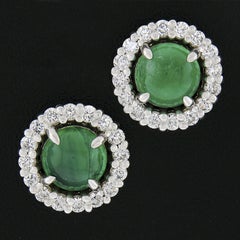 New 18k White Gold 1.72ctw Round Cabochon Emerald w/ Diamond Halo Stud Earrings