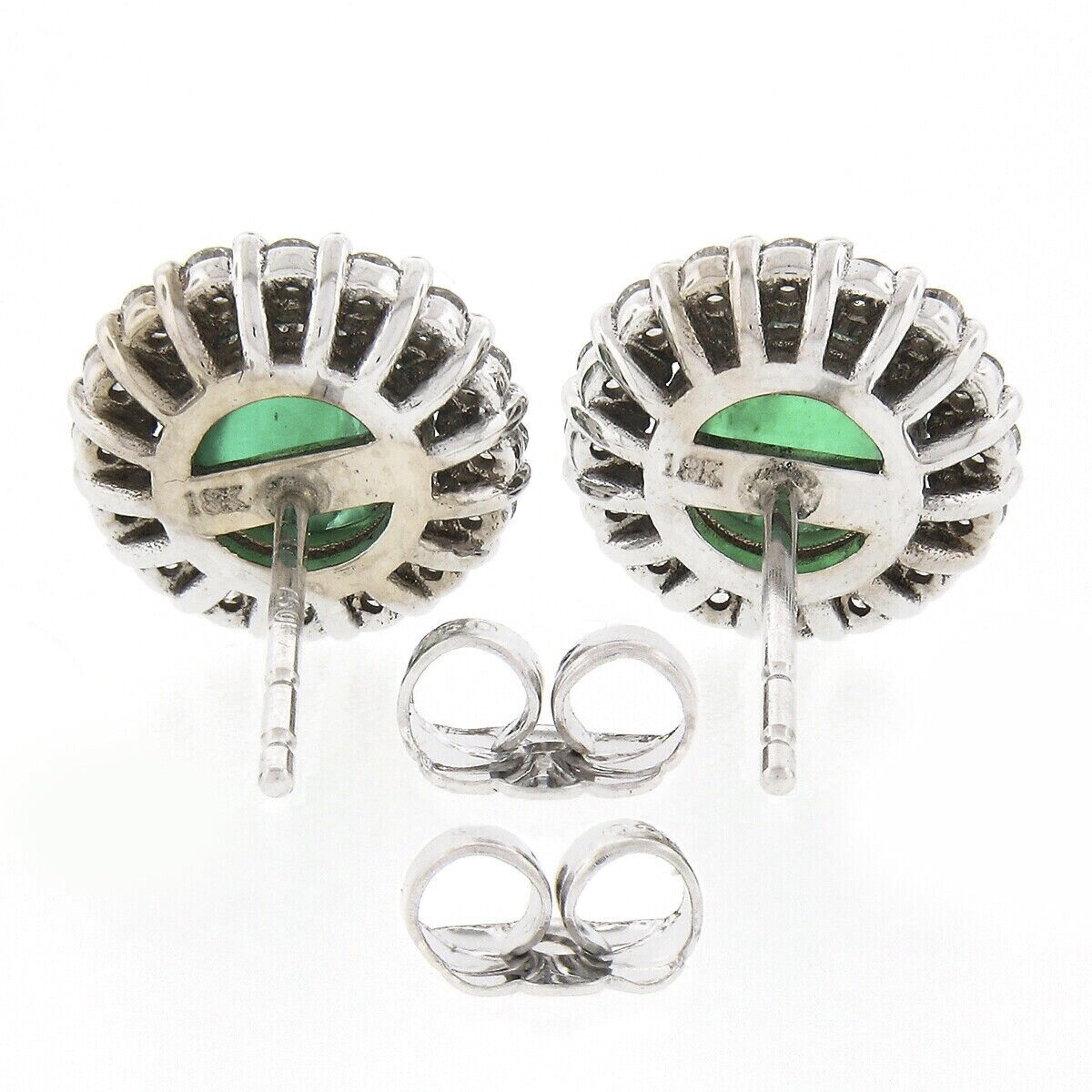 New 18k White Gold 1.72ctw Round Cabochon Emerald w/ Diamond Halo Stud Earrings In New Condition For Sale In Montclair, NJ