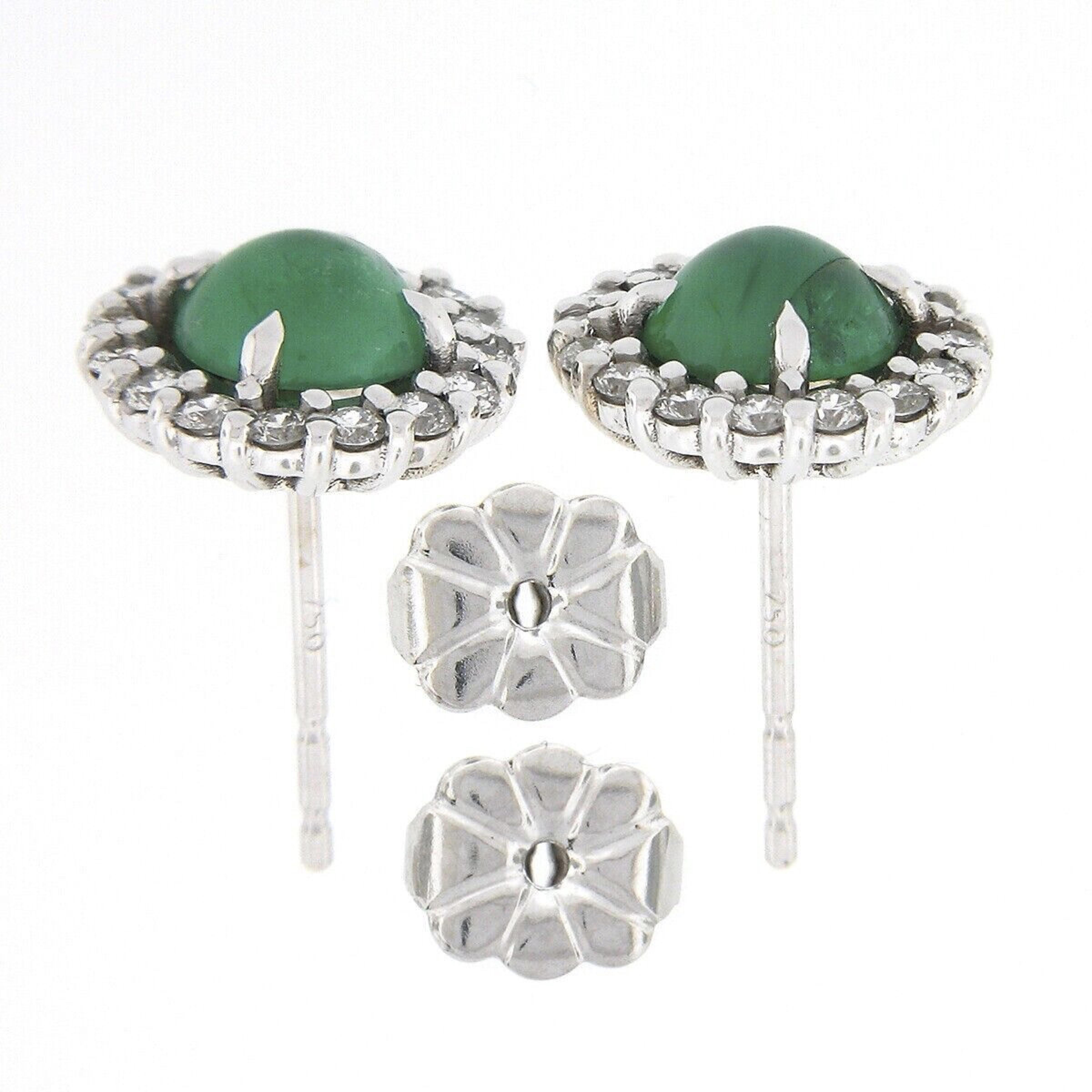 Women's New 18k White Gold 1.72ctw Round Cabochon Emerald w/ Diamond Halo Stud Earrings For Sale