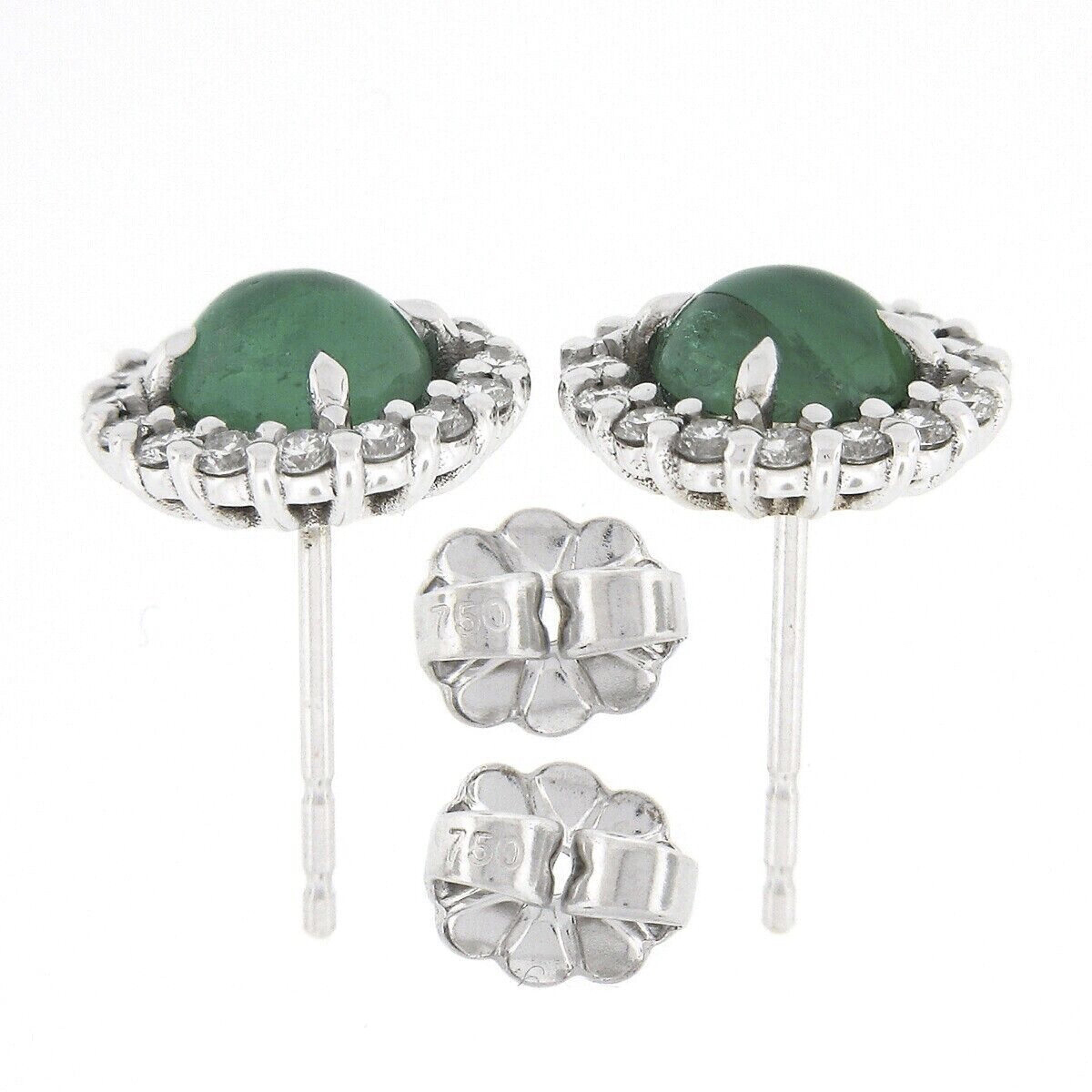 New 18k White Gold 1.72ctw Round Cabochon Emerald w/ Diamond Halo Stud Earrings For Sale 1