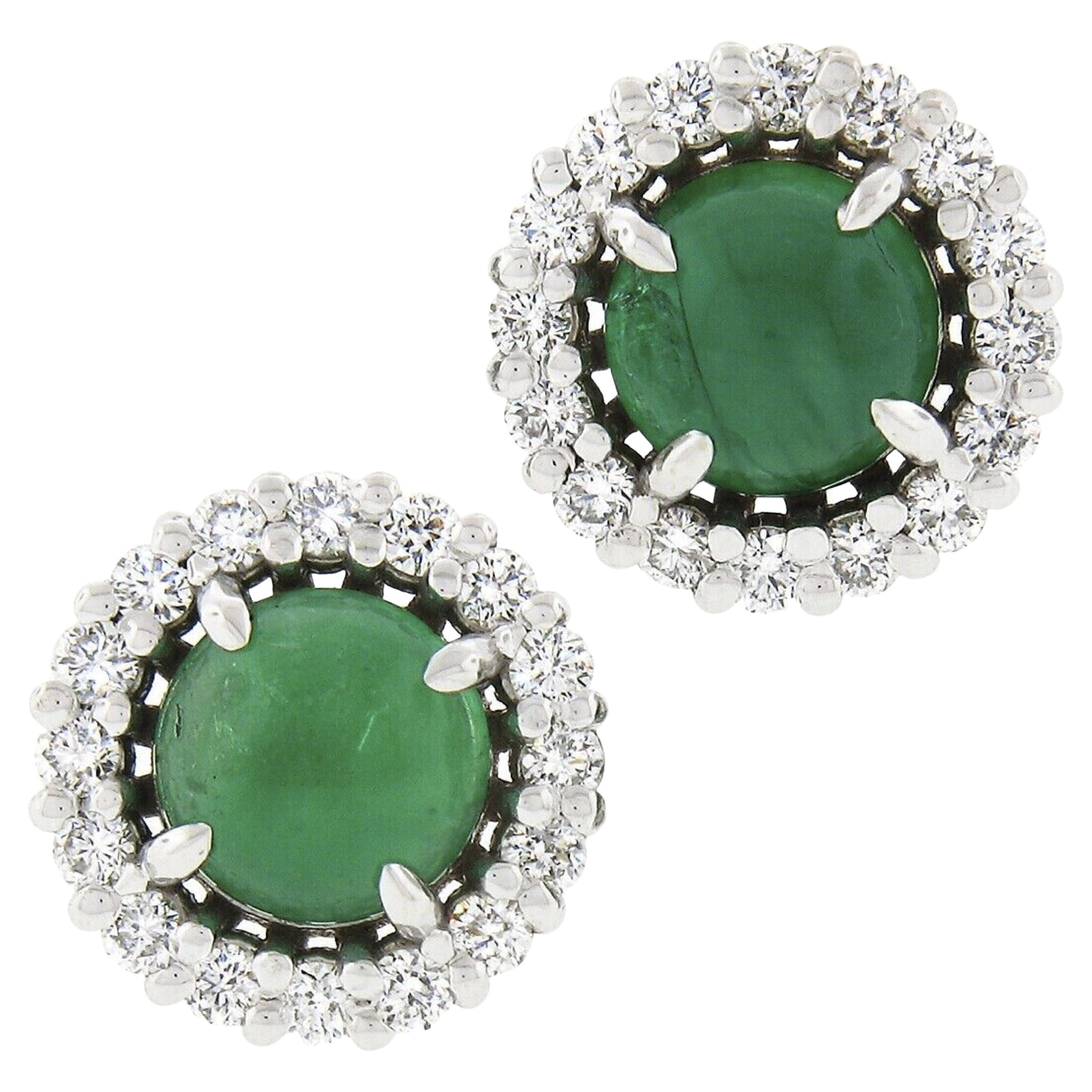 New 18k White Gold 1.72ctw Round Cabochon Emerald w/ Diamond Halo Stud Earrings For Sale