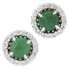 New 18k White Gold 1.72ctw Round Cabochon Emerald w/ Diamond Halo Stud Earrings