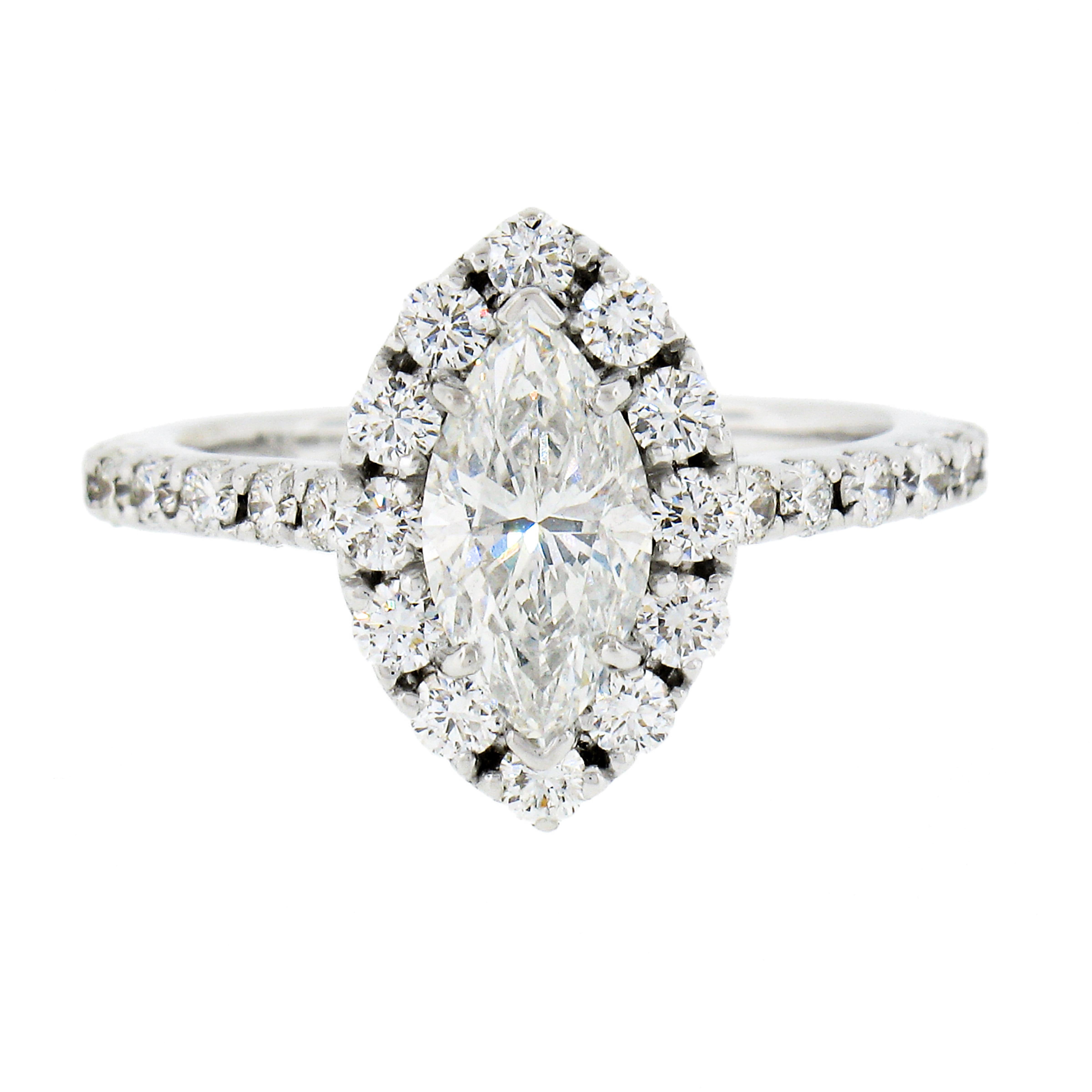New 18k White Gold 1.76ct GIA Prong Set Marquise Diamond w Halo Engagement Ring In New Condition For Sale In Montclair, NJ