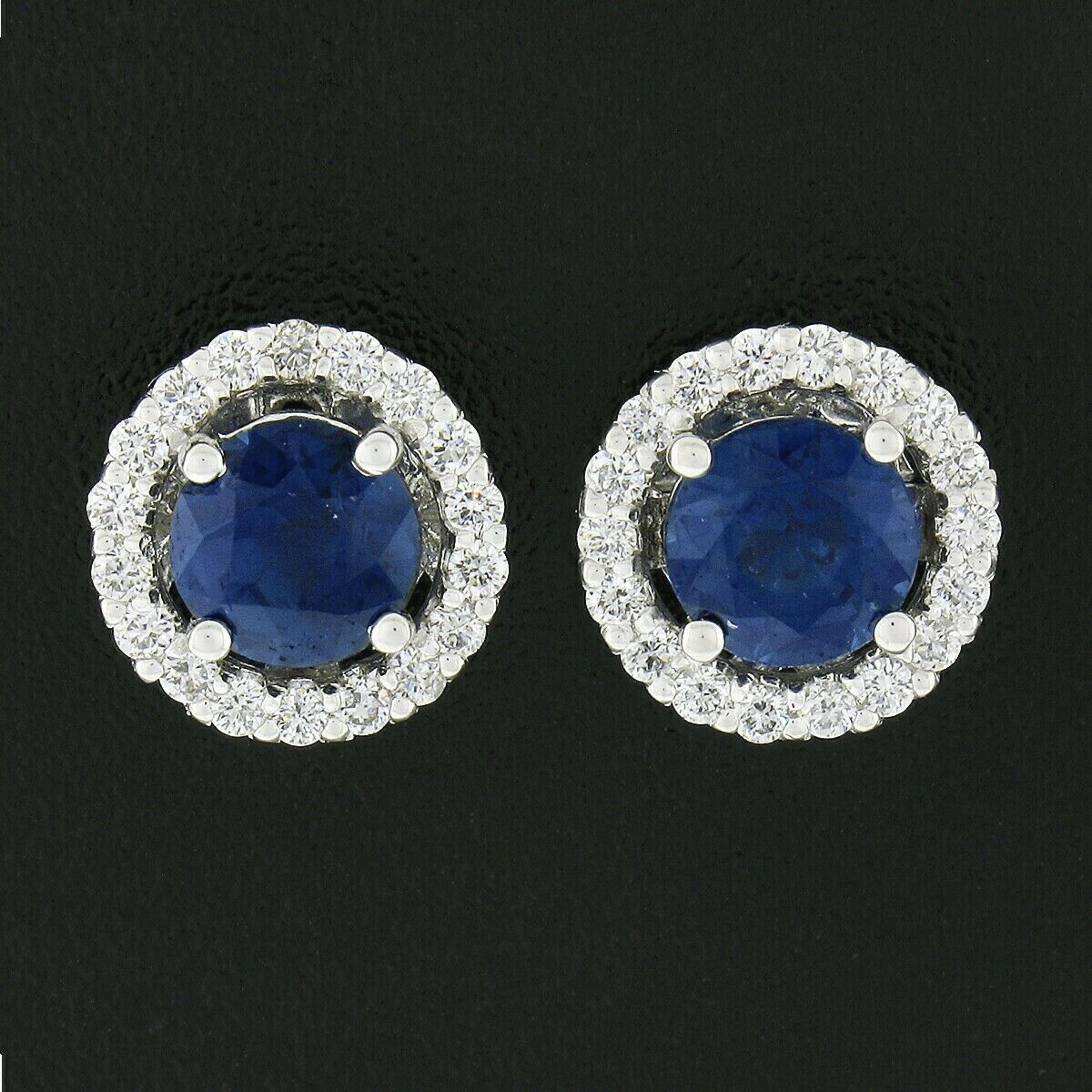Round Cut New 18k White Gold 1.86ct Round Royal Blue Sapphire & Diamond Halo Stud Earrings For Sale