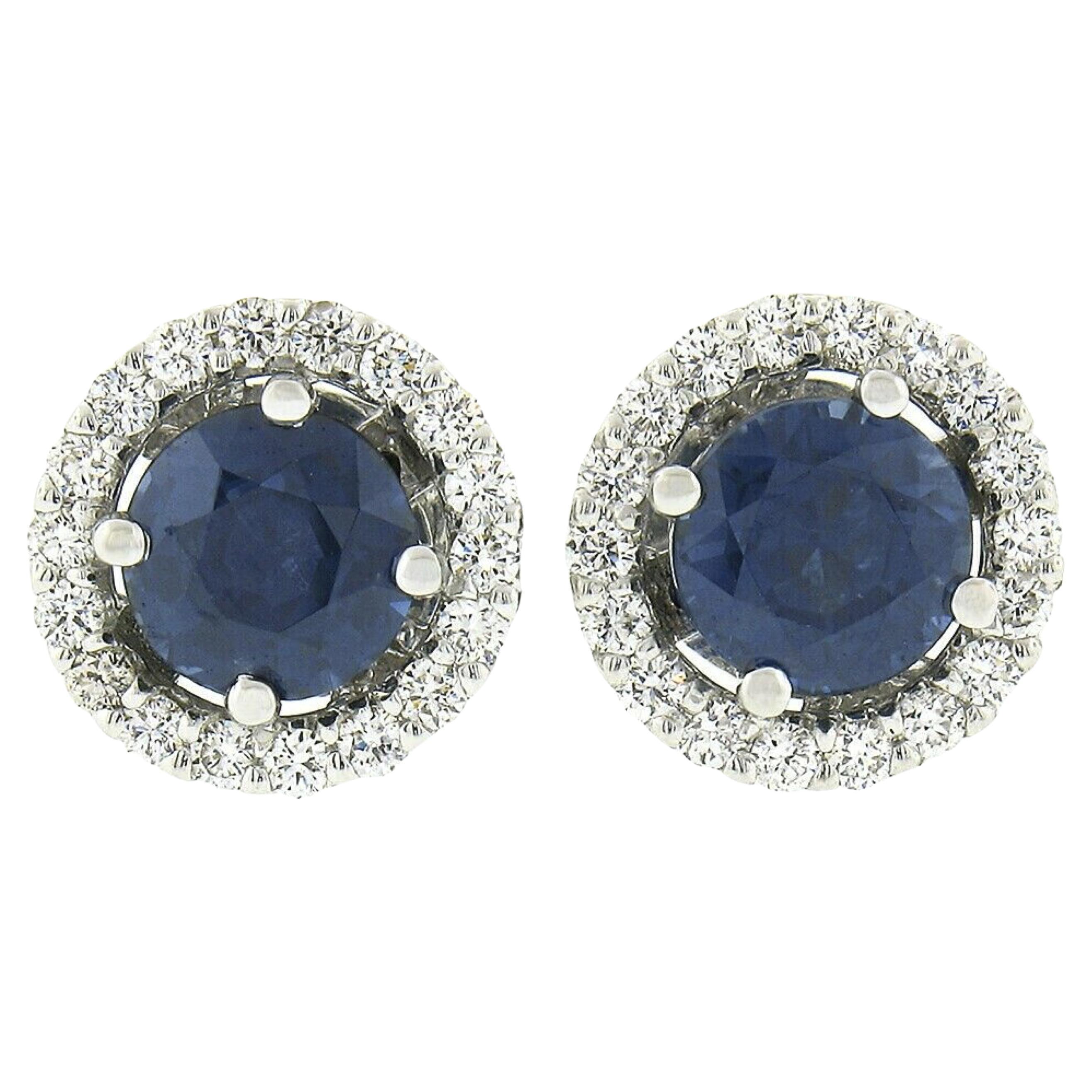 New 18k White Gold 1.86ct Round Royal Blue Sapphire & Diamond Halo Stud Earrings For Sale