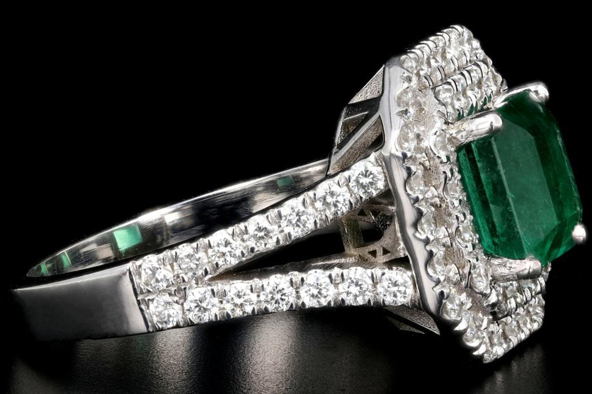 Emerald Cut New 18K White Gold 2.15 Carat Zambian Emerald and Diamond Ring