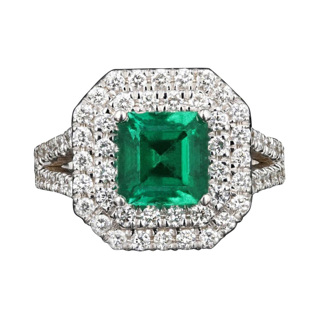 New 18K White Gold 2.15 Carat Zambian Emerald and Diamond Ring