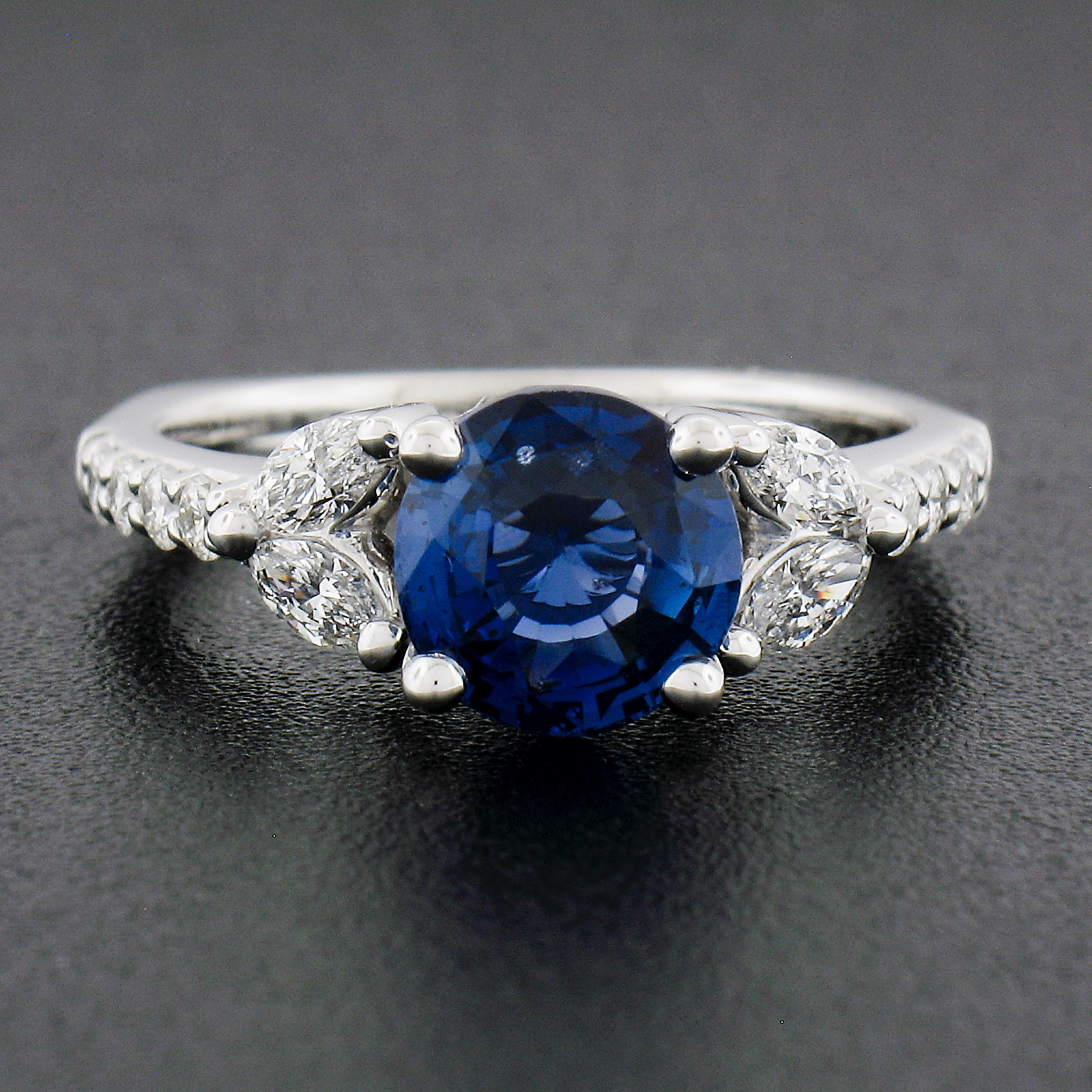 Round Cut New 18k White Gold 2.43ctw Gia No Heat Round Sapphire & Marquise Diamond Ring For Sale