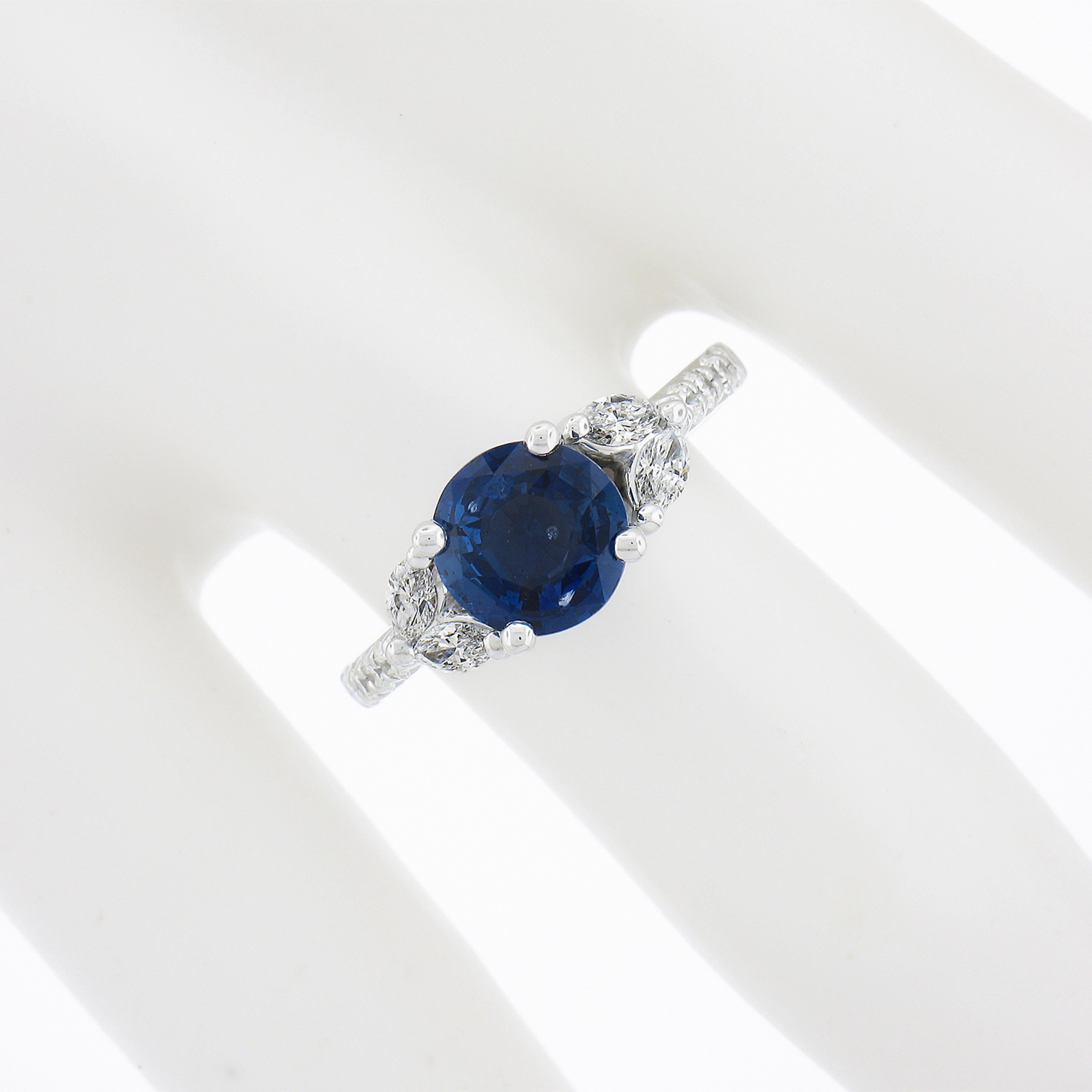 Round Cut New 18k White Gold 2.43ctw Gia No Heat Round Sapphire & Marquise Diamond Ring For Sale