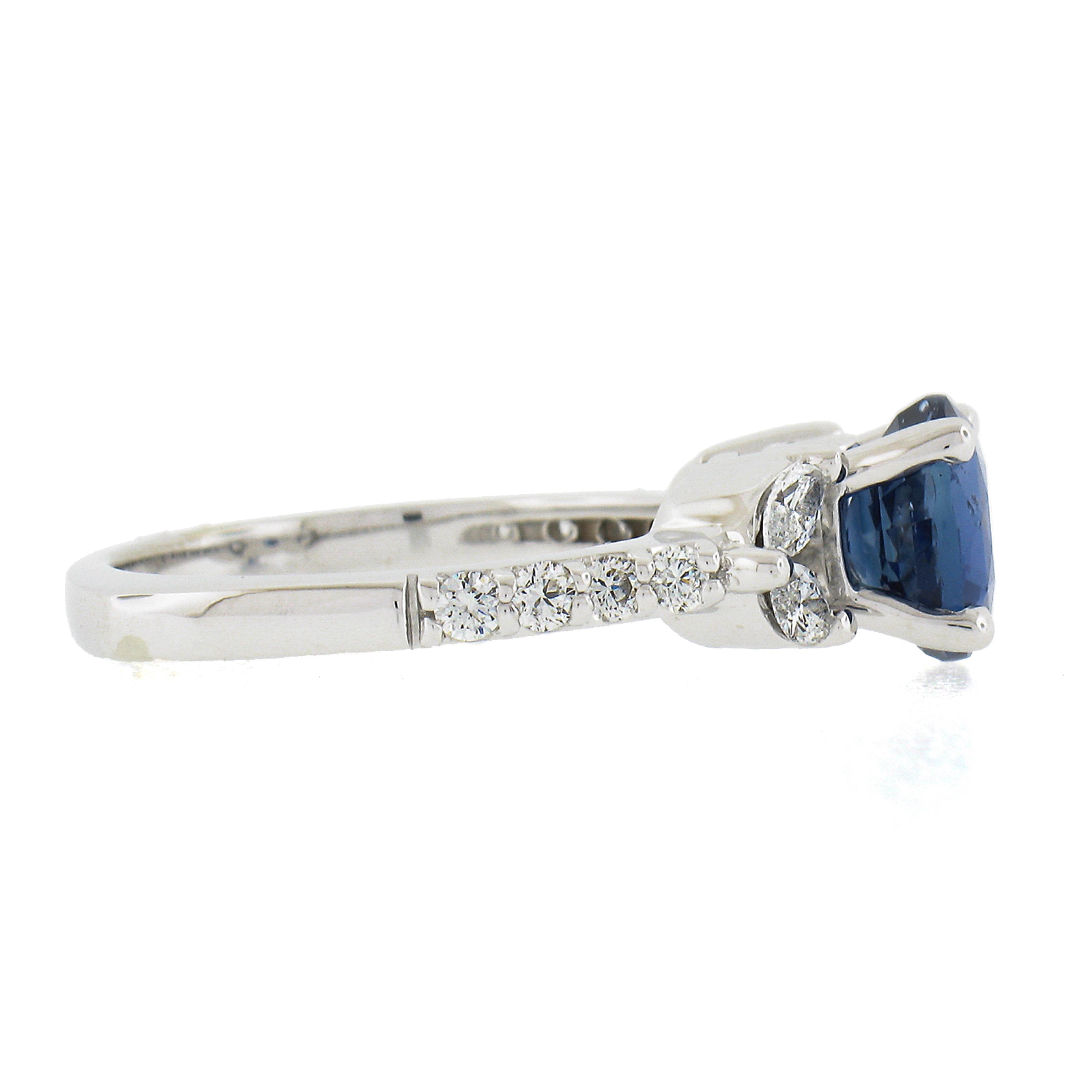 Women's New 18k White Gold 2.43ctw Gia No Heat Round Sapphire & Marquise Diamond Ring For Sale