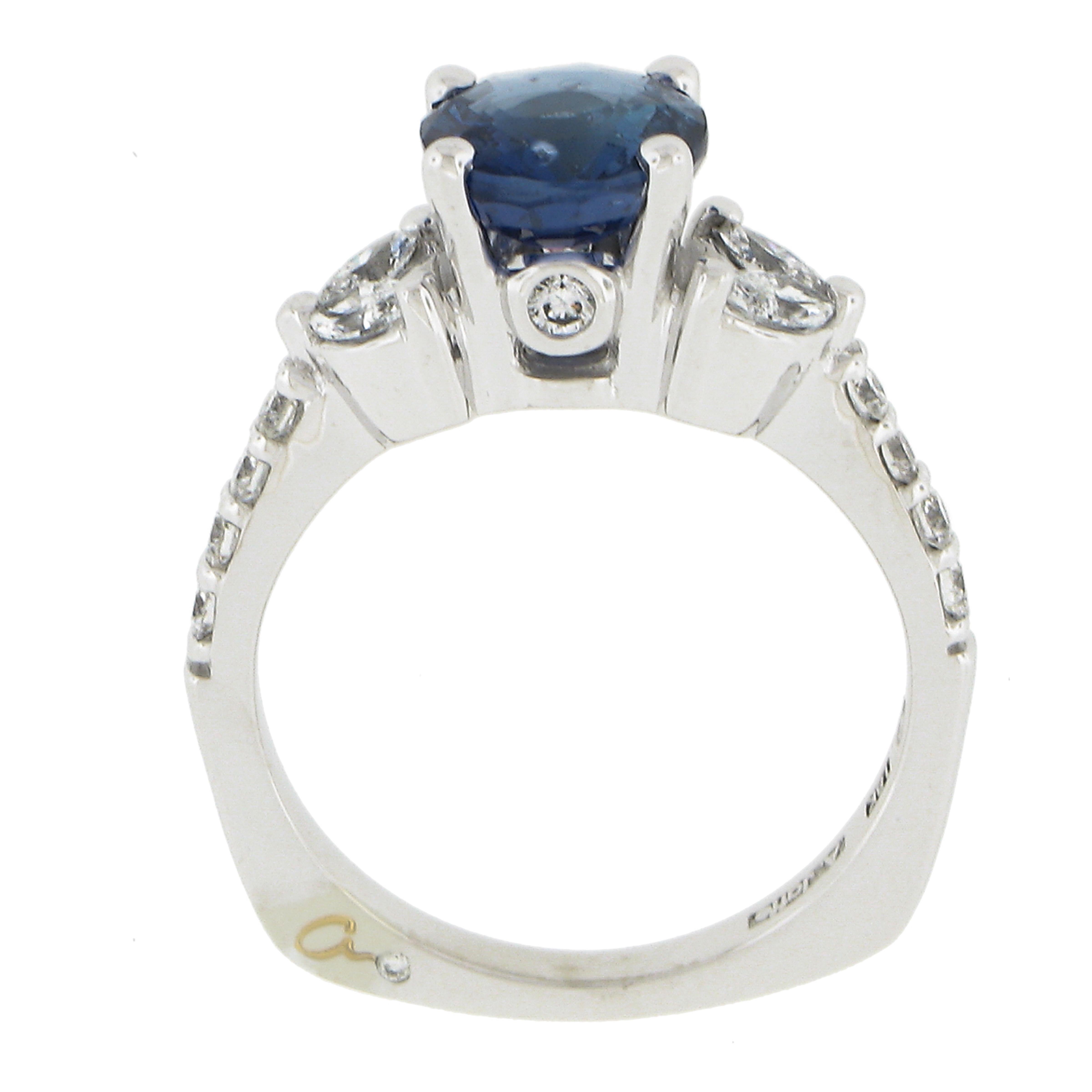 New 18k White Gold 2.43ctw Gia No Heat Round Sapphire & Marquise Diamond Ring For Sale 2