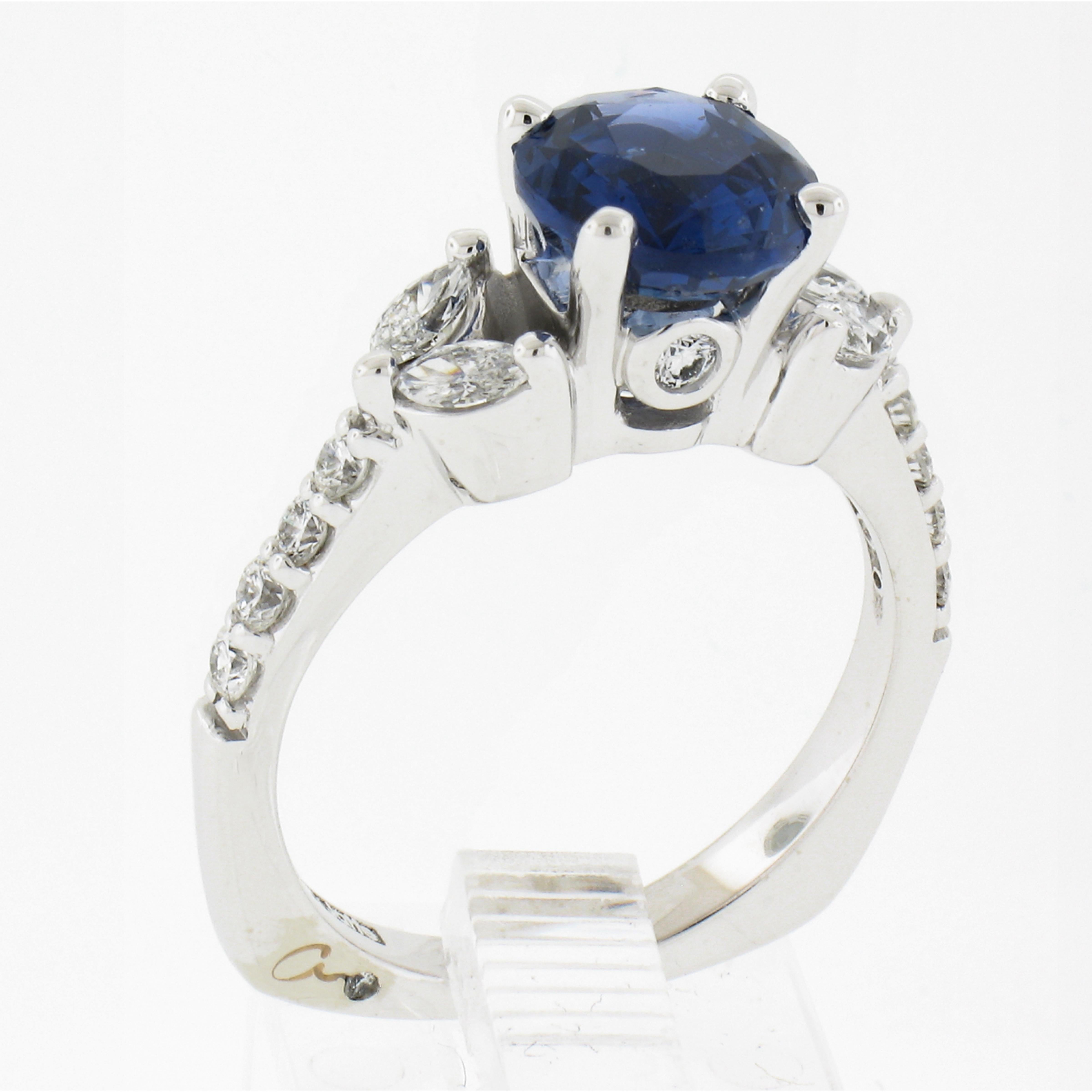 New 18k White Gold 2.43ctw Gia No Heat Round Sapphire & Marquise Diamond Ring For Sale 3