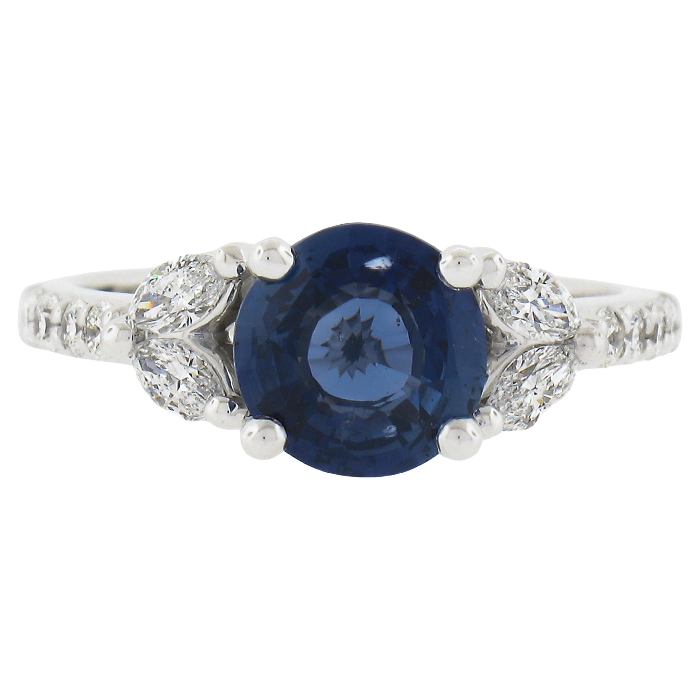 New 18k White Gold 2.43ctw Gia No Heat Round Sapphire & Marquise Diamond Ring For Sale
