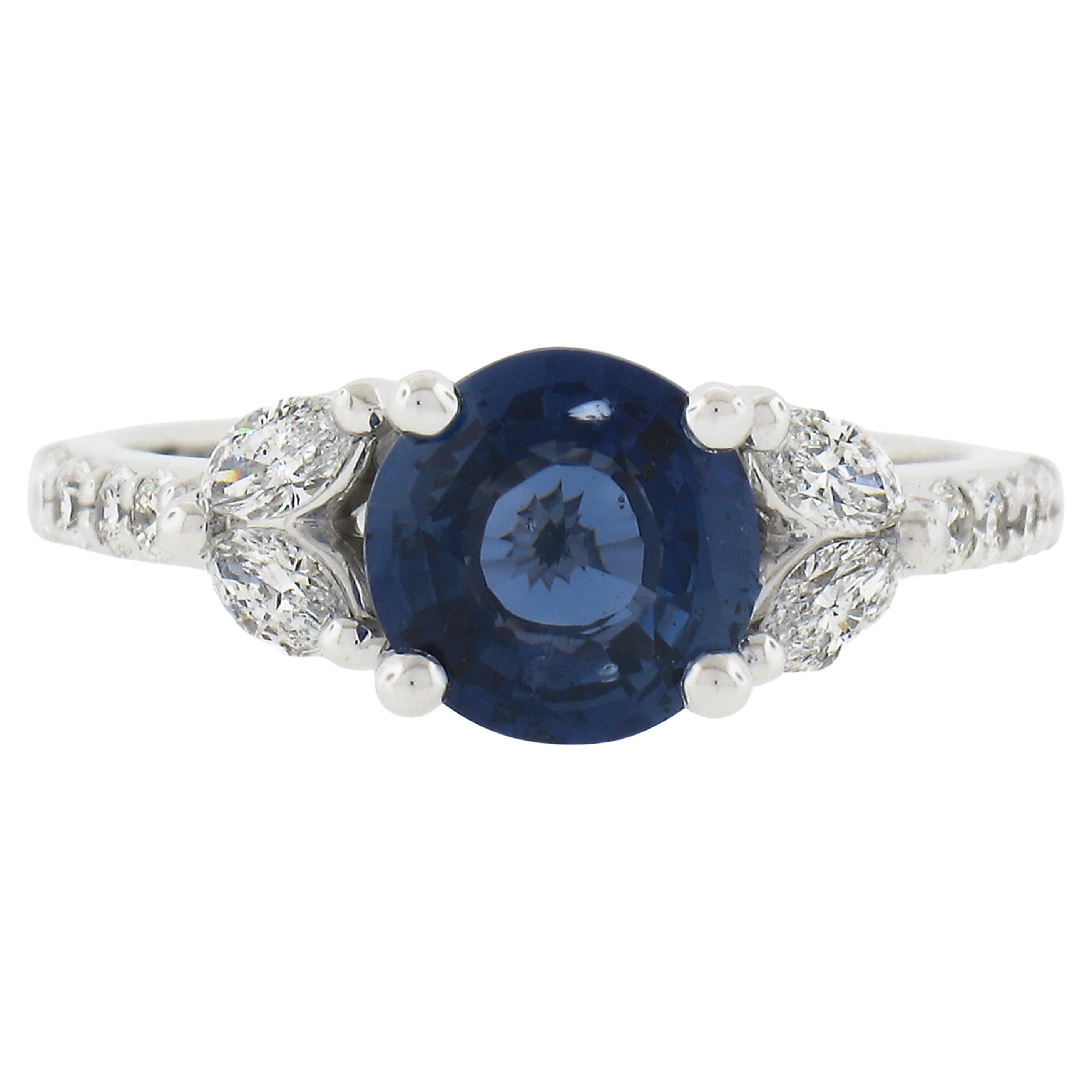 New 18k White Gold 2.43ctw Gia No Heat Round Sapphire 
Marquise Diamond Ring For Sale