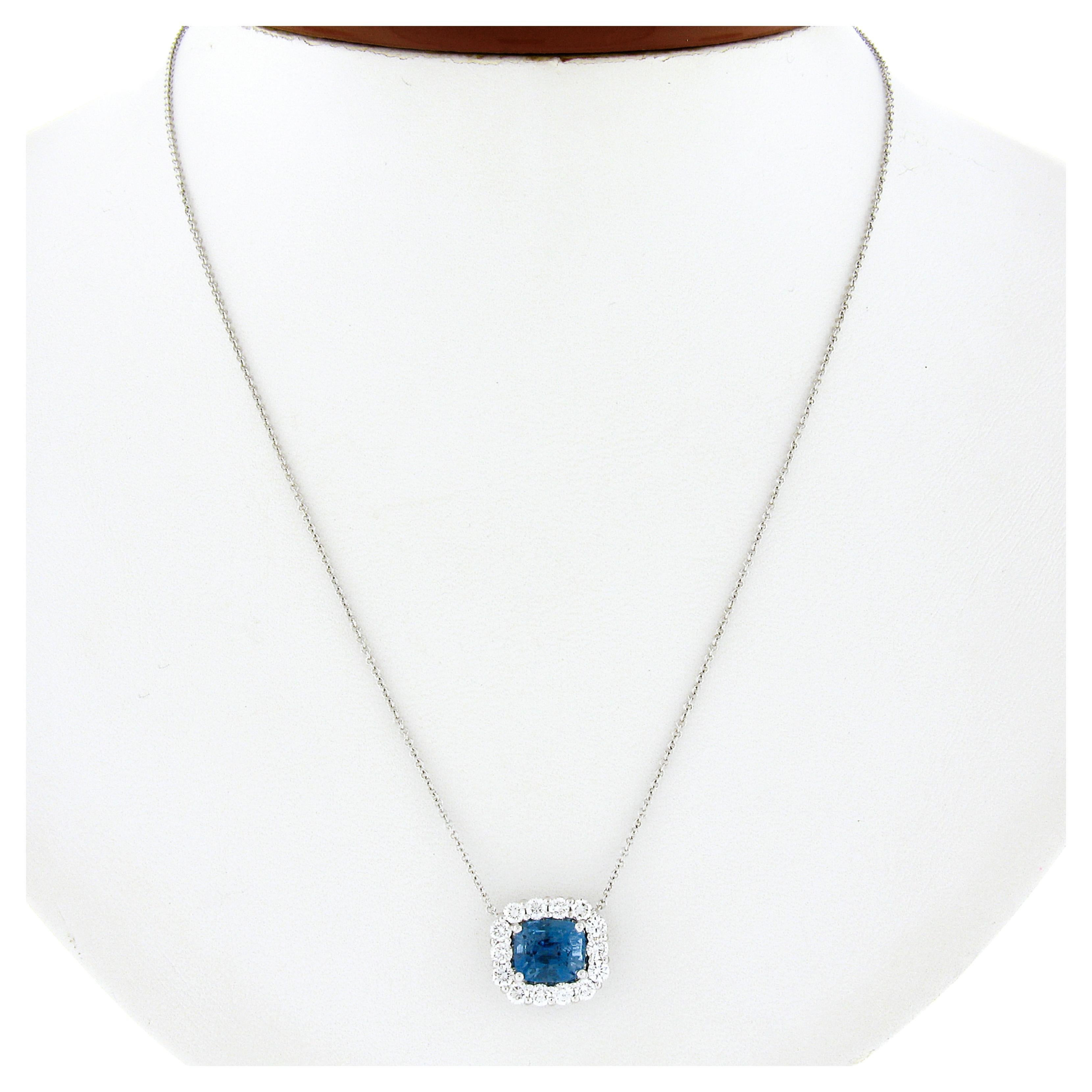 Neu 18K Weißgold 2,49ctw Cushion Aquamarin mit Diamant Halo Anhänger Halskette