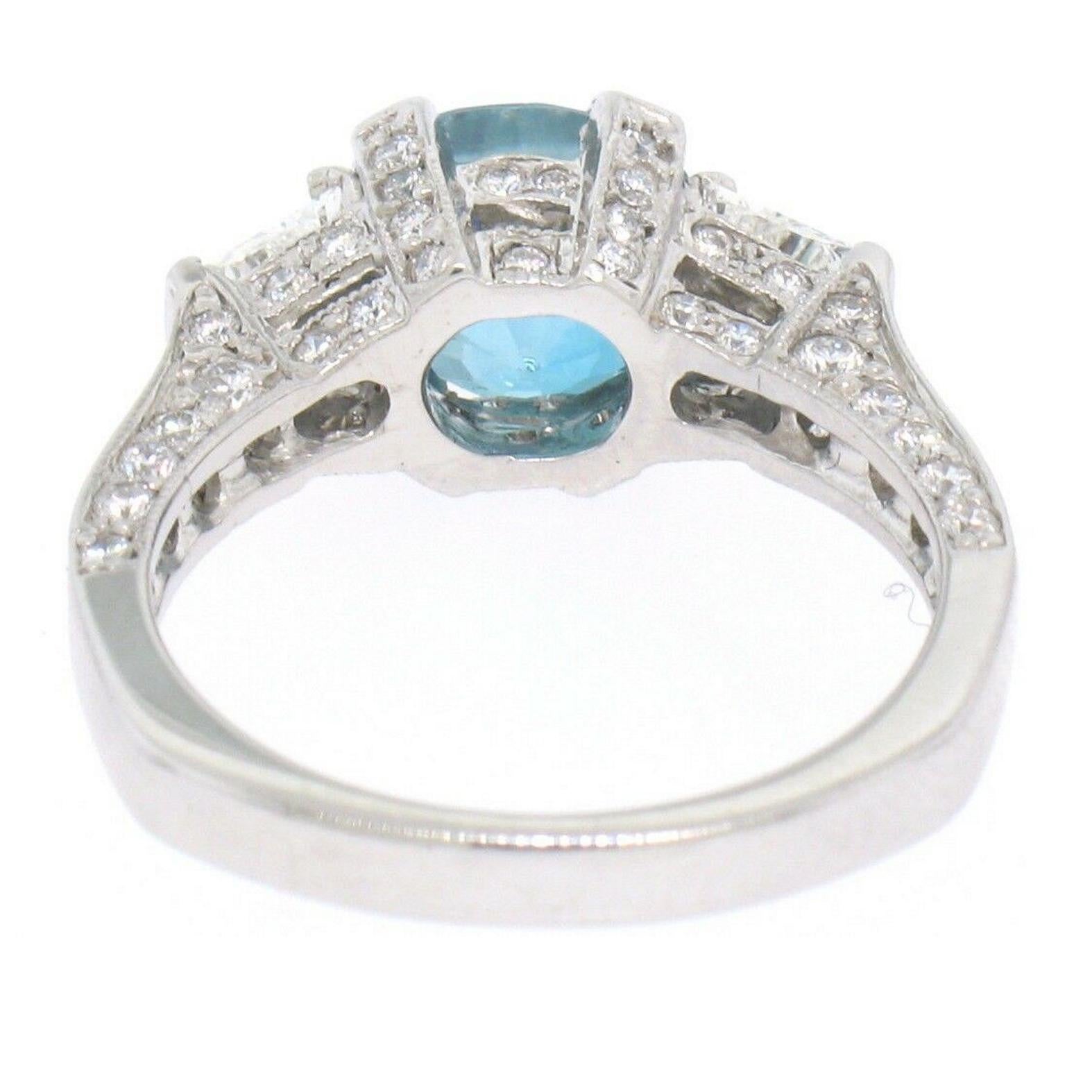 18k White Gold 2.50ct Oval Brilliant Blue Zircon & Trapezoid Diamond Ring For Sale 2
