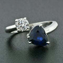 18K White Gold 2.71ct GIA Heart Blue Sapphire Diamond Moi et Toi Bypass Ring