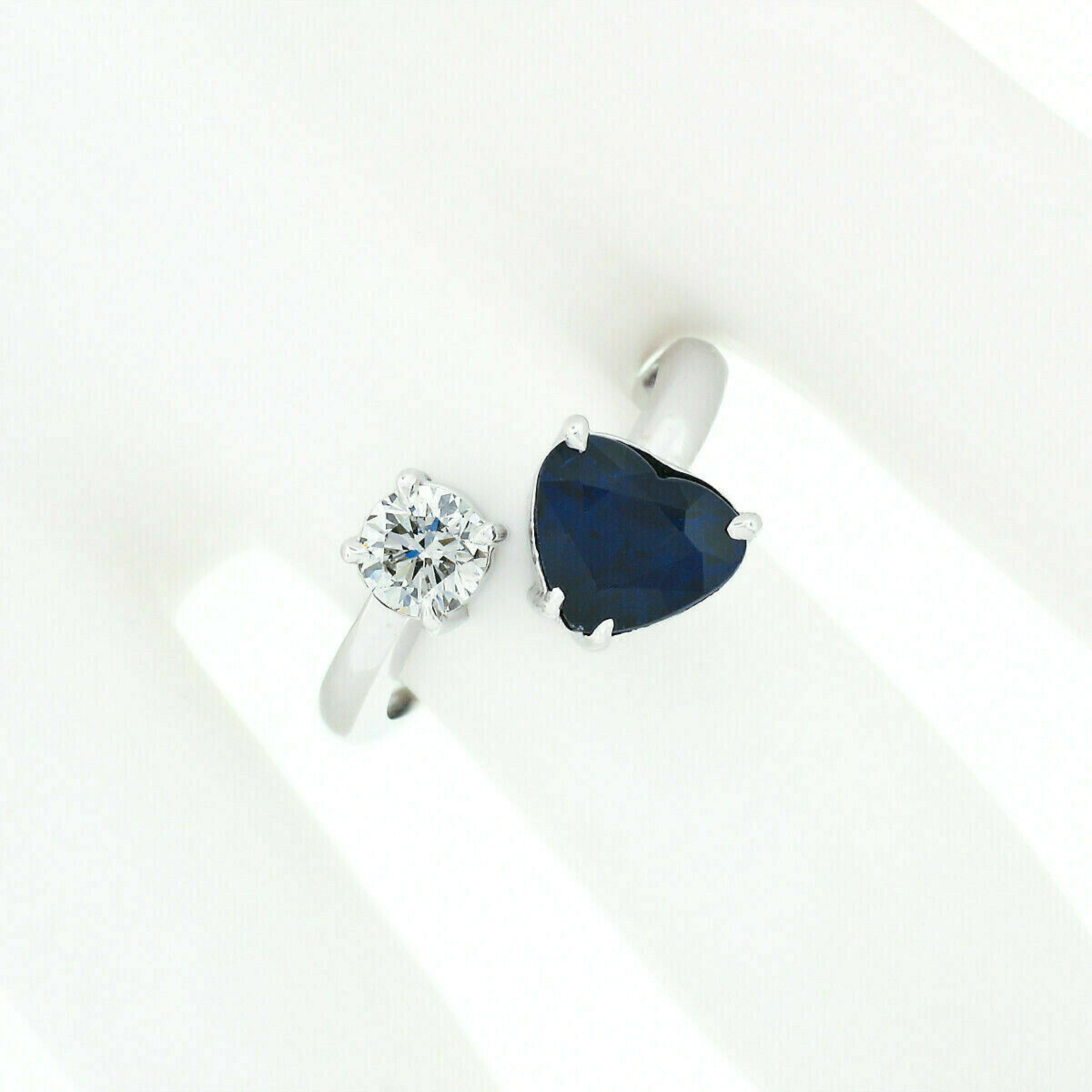 Heart Cut 18K White Gold 2.71ct GIA Heart Blue Sapphire Diamond Moi et Toi Bypass Ring For Sale