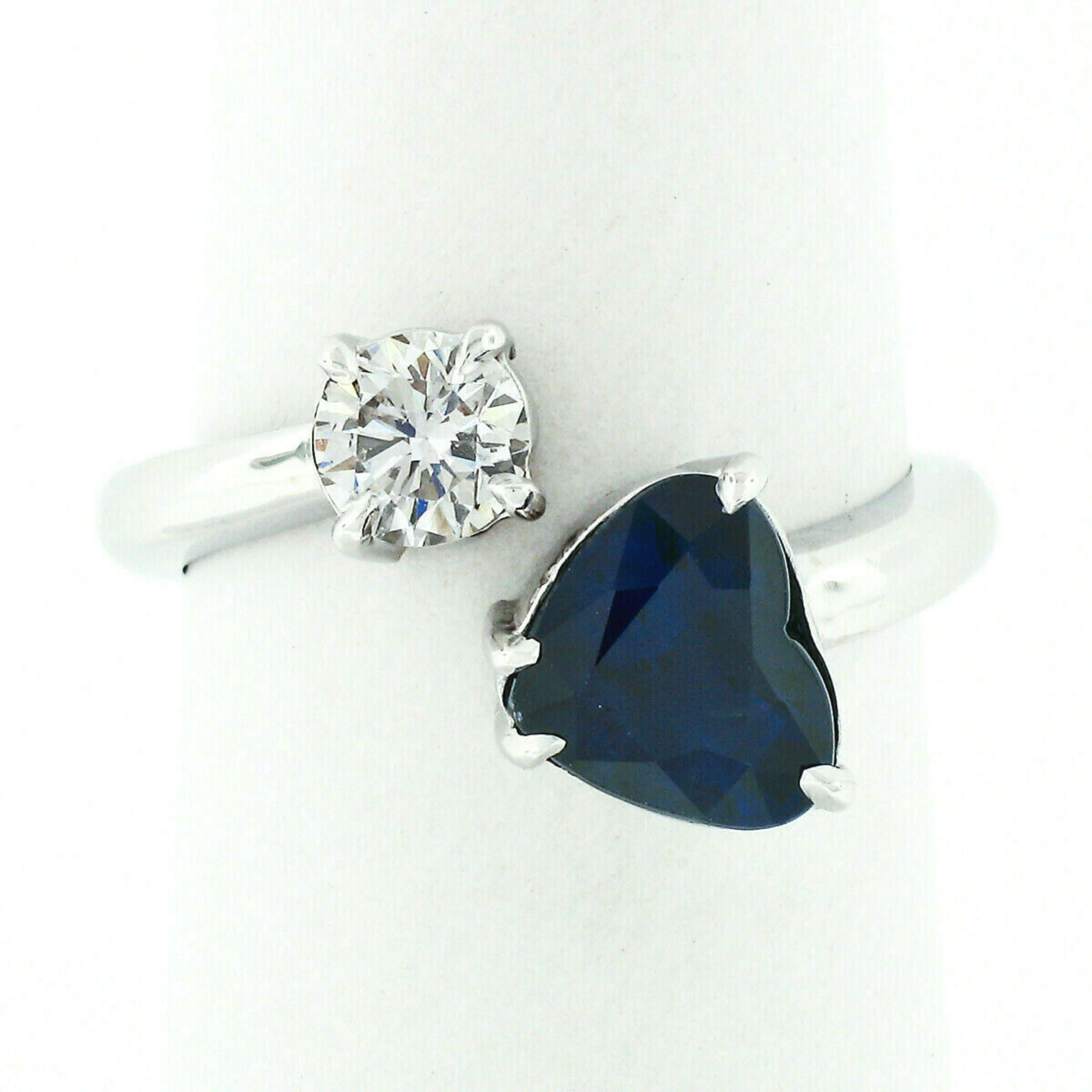 18K White Gold 2.71ct GIA Heart Blue Sapphire Diamond Moi et Toi Bypass Ring In New Condition For Sale In Montclair, NJ