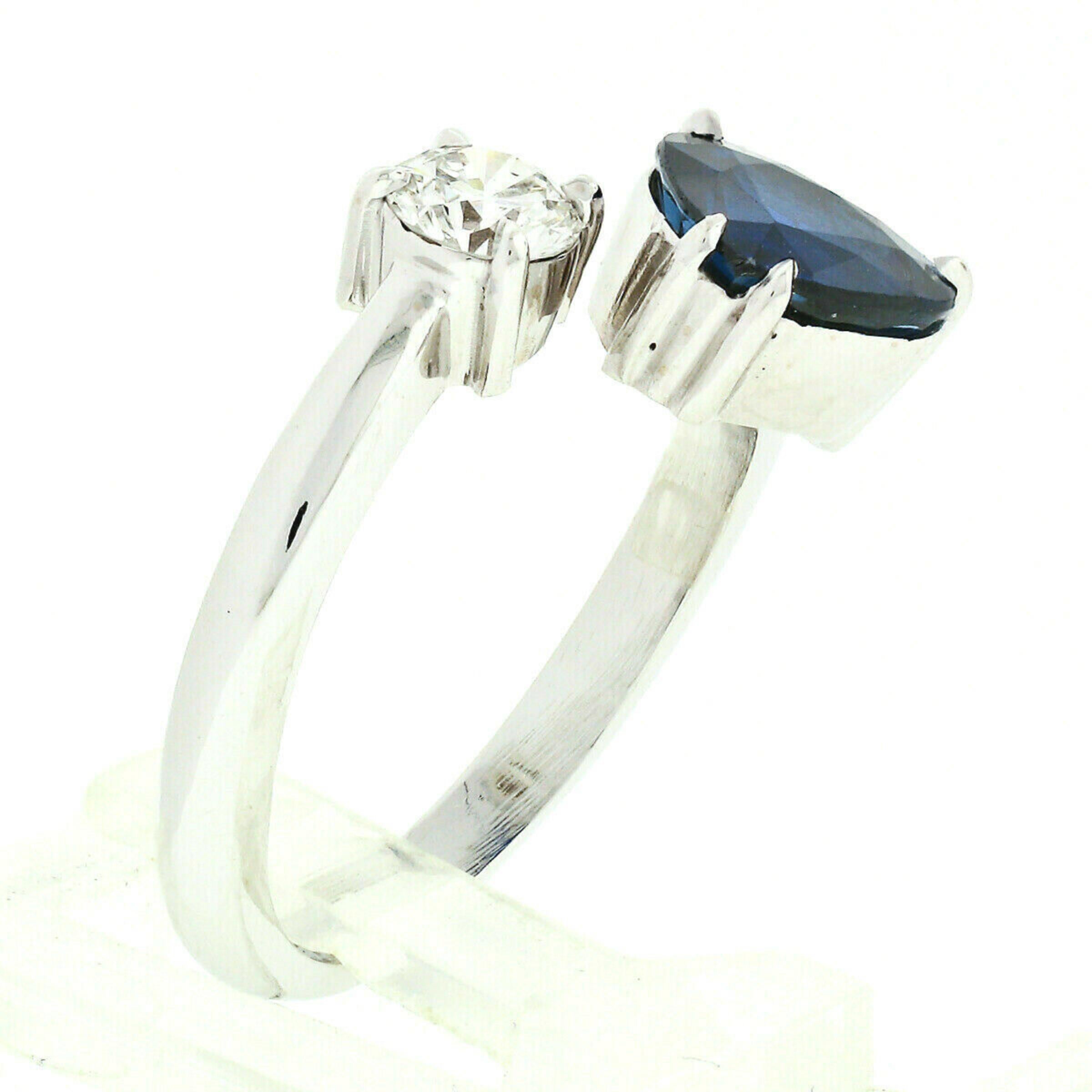 Women's 18K White Gold 2.71ct GIA Heart Blue Sapphire Diamond Moi et Toi Bypass Ring For Sale