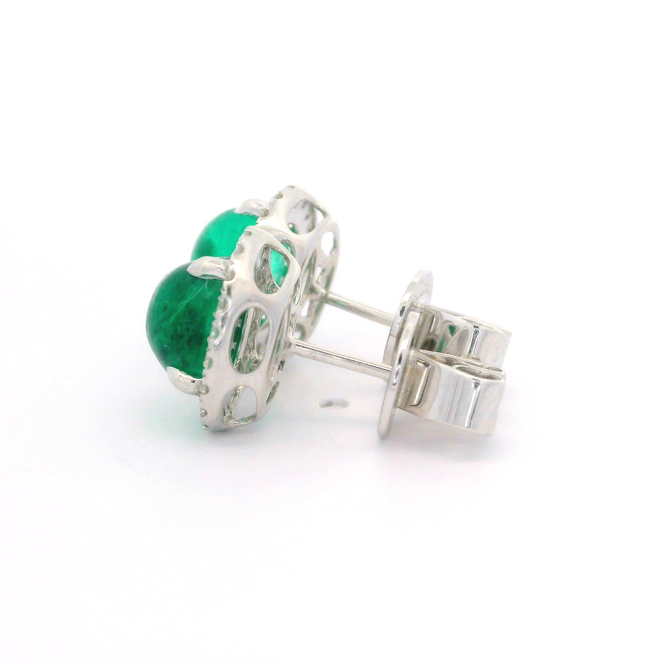 Oval Cut New 18k White Gold 3.07ctw Oval Cabochon Emerald & Diamond Halo Stud Earrings For Sale