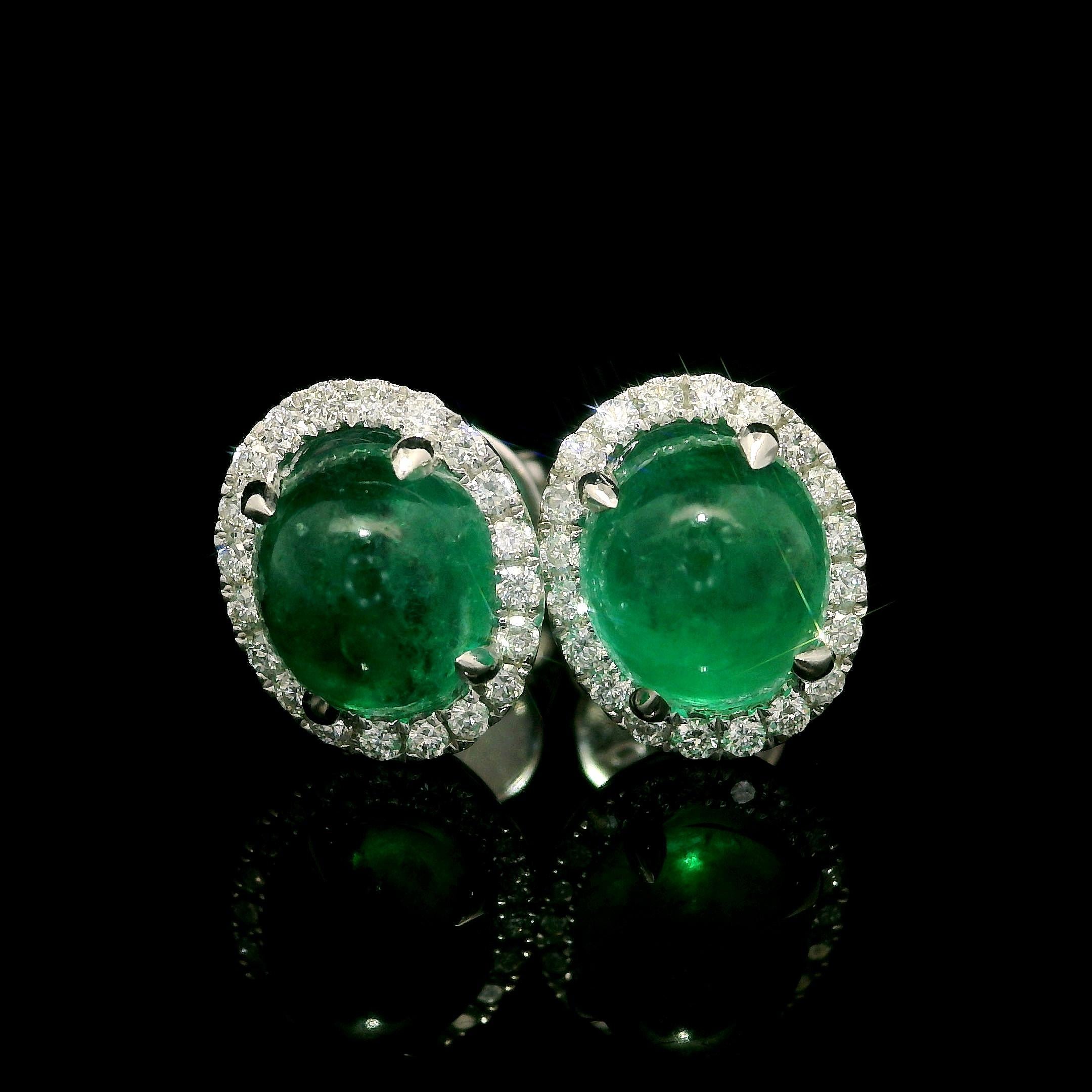 Women's New 18k White Gold 3.07ctw Oval Cabochon Emerald & Diamond Halo Stud Earrings For Sale