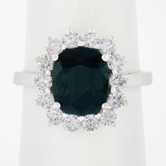 New 18K White Gold 3.22ct GIA NO HEAT Cushion Green Sapphire & Diamond Halo Ring
