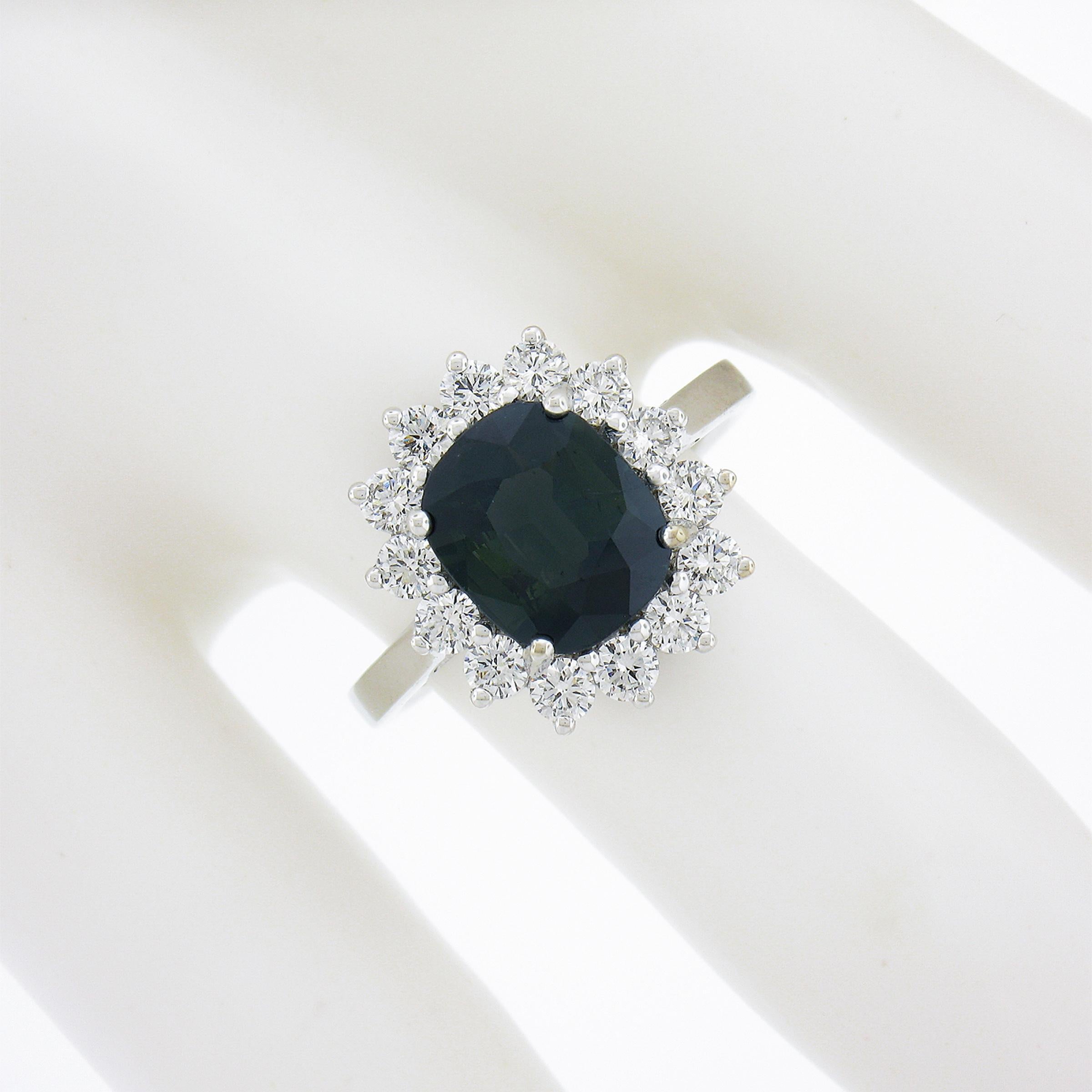 New 18K White Gold 3.22ct GIA NO HEAT Cushion Green Sapphire & Diamond Halo Ring In New Condition For Sale In Montclair, NJ