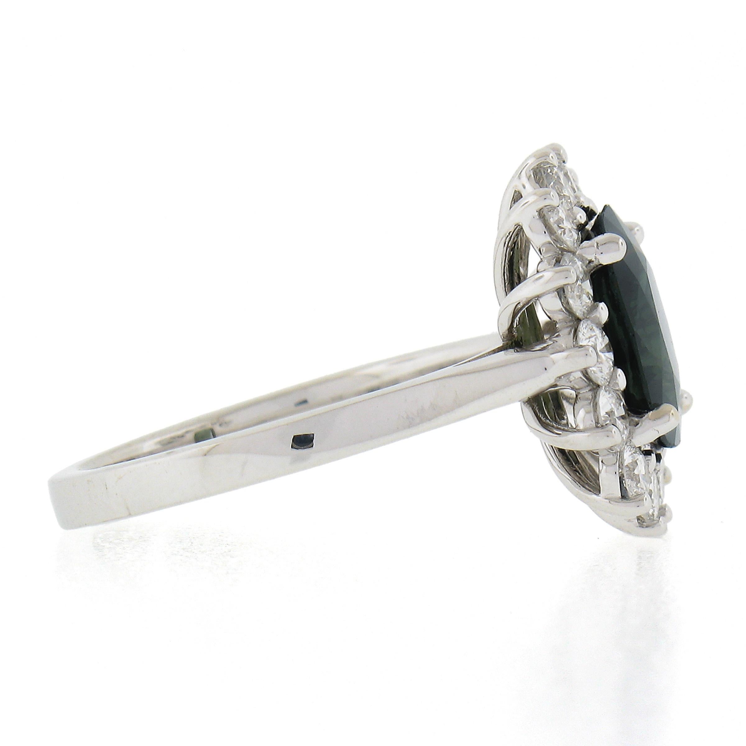 Women's New 18K White Gold 3.22ct GIA NO HEAT Cushion Green Sapphire & Diamond Halo Ring For Sale