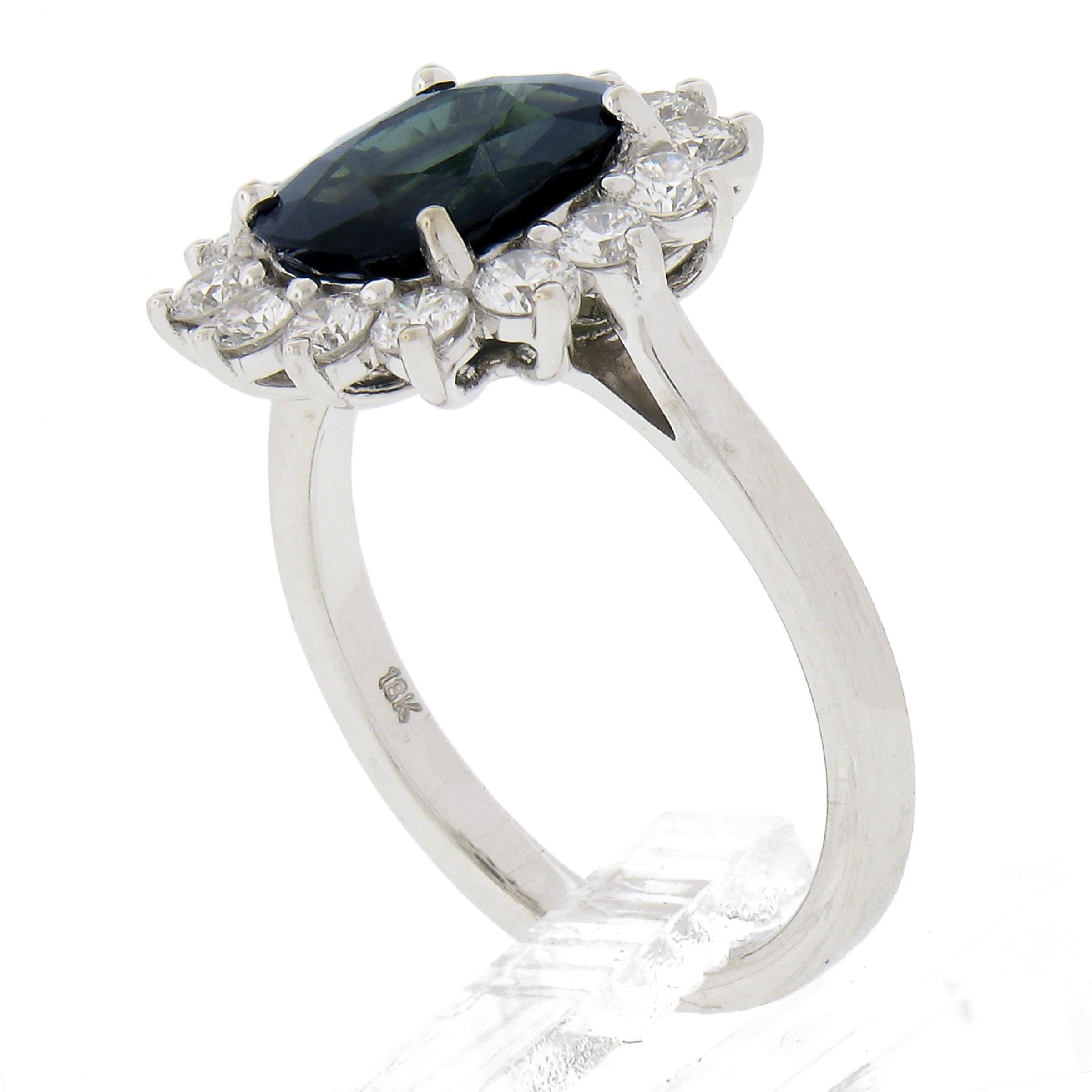 New 18K White Gold 3.22ct GIA NO HEAT Cushion Green Sapphire & Diamond Halo Ring For Sale 4
