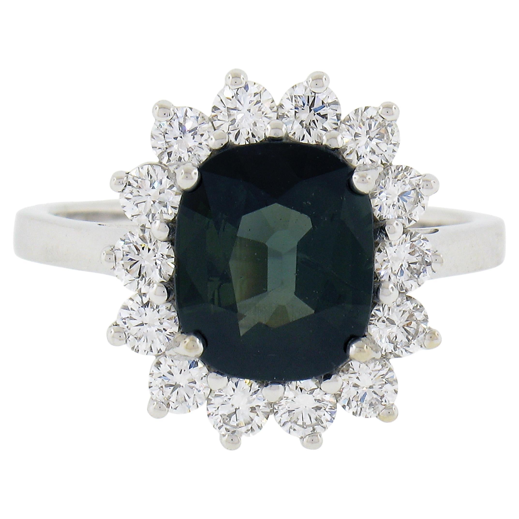 New 18K White Gold 3.22ct GIA NO HEAT Cushion Green Sapphire & Diamond Halo Ring For Sale