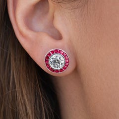 New 18k White Gold 3.24ctw GIA Diamond w/ French Cut Ruby Halo Stud Earrings