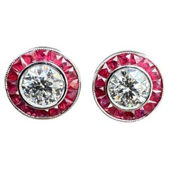 New 18k White Gold 3.24ctw GIA Diamond w/ French Cut Ruby Halo Stud Earrings