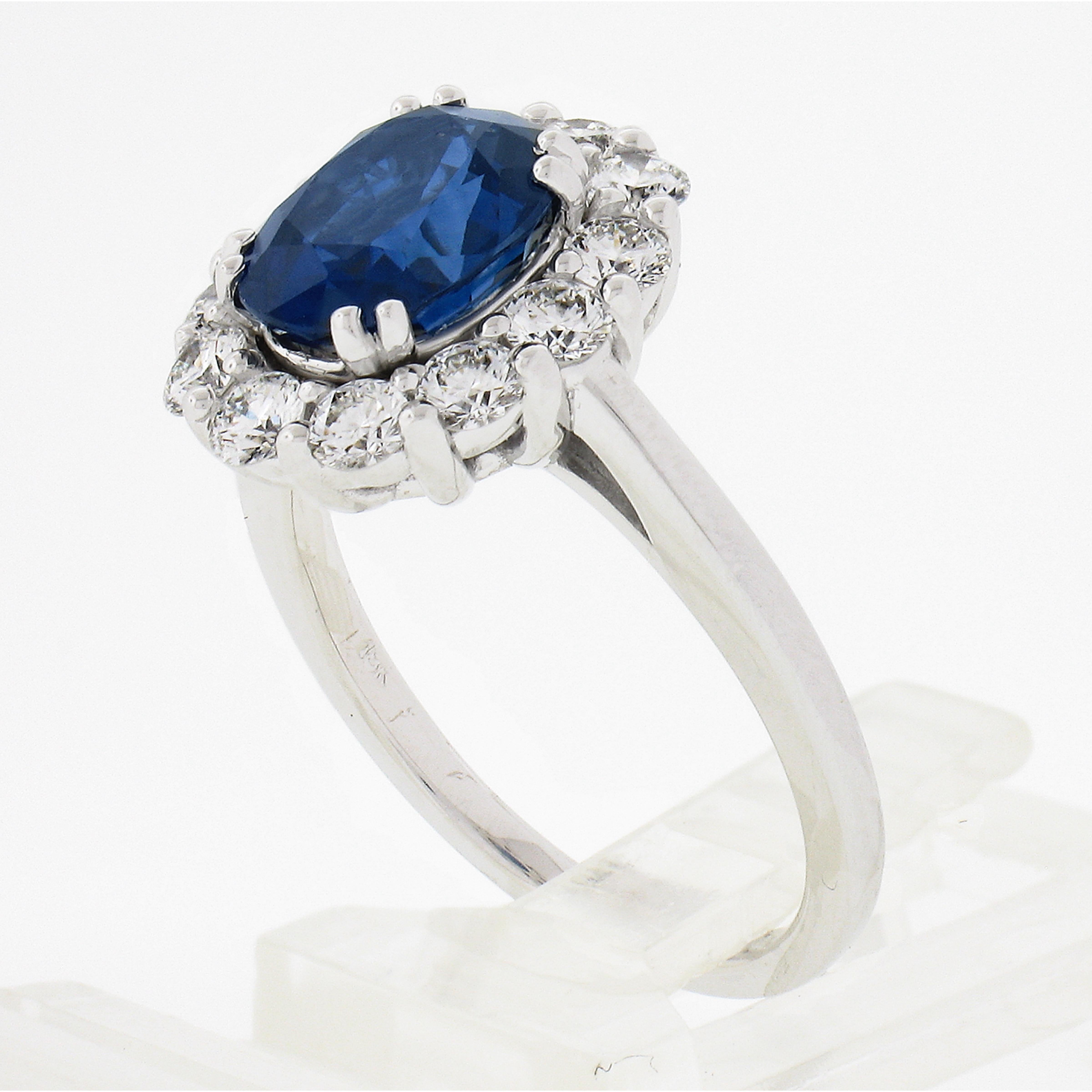 New 18k White Gold 3.39ctw SSEF Oval Sapphire & Diamond Halo Engagement Ring For Sale 4