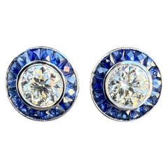 New 18k White Gold 3.60ctw GIA Diamond w/ French Cut Sapphire Halo Stud Earrings